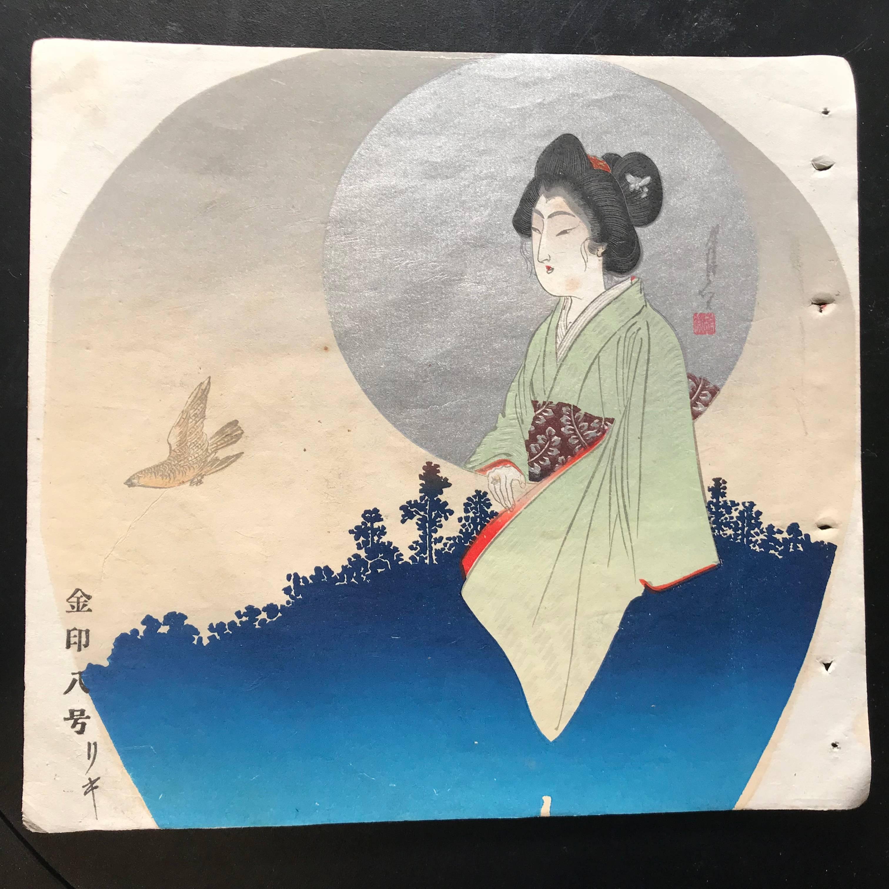 Meiji Japanese Antique Brilliant Colors Ten Woodblock Fan Prints Immediately Frameable