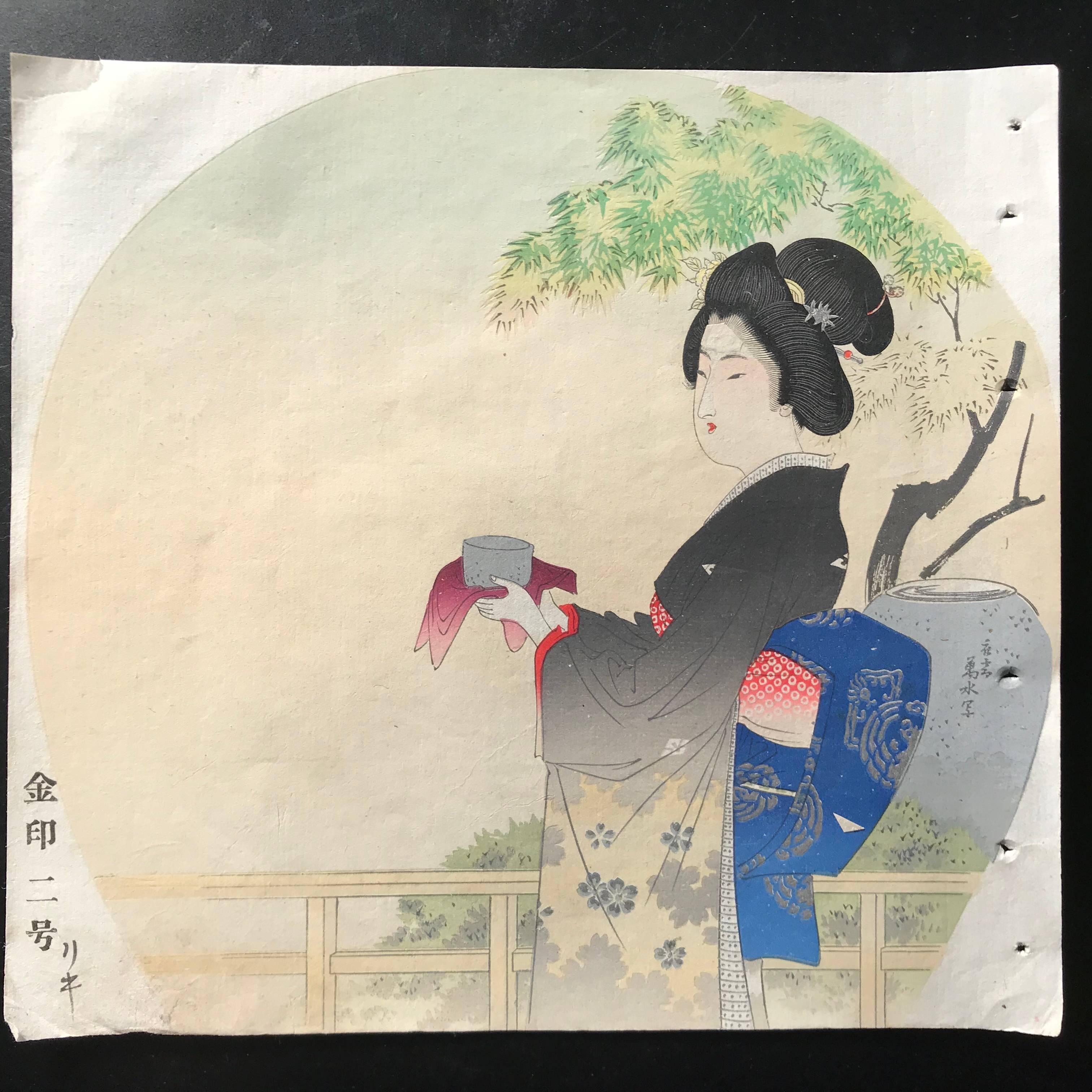 Hand-Crafted Japanese Antique Brilliant Colors Ten Woodblock Fan Prints Immediately Frameable