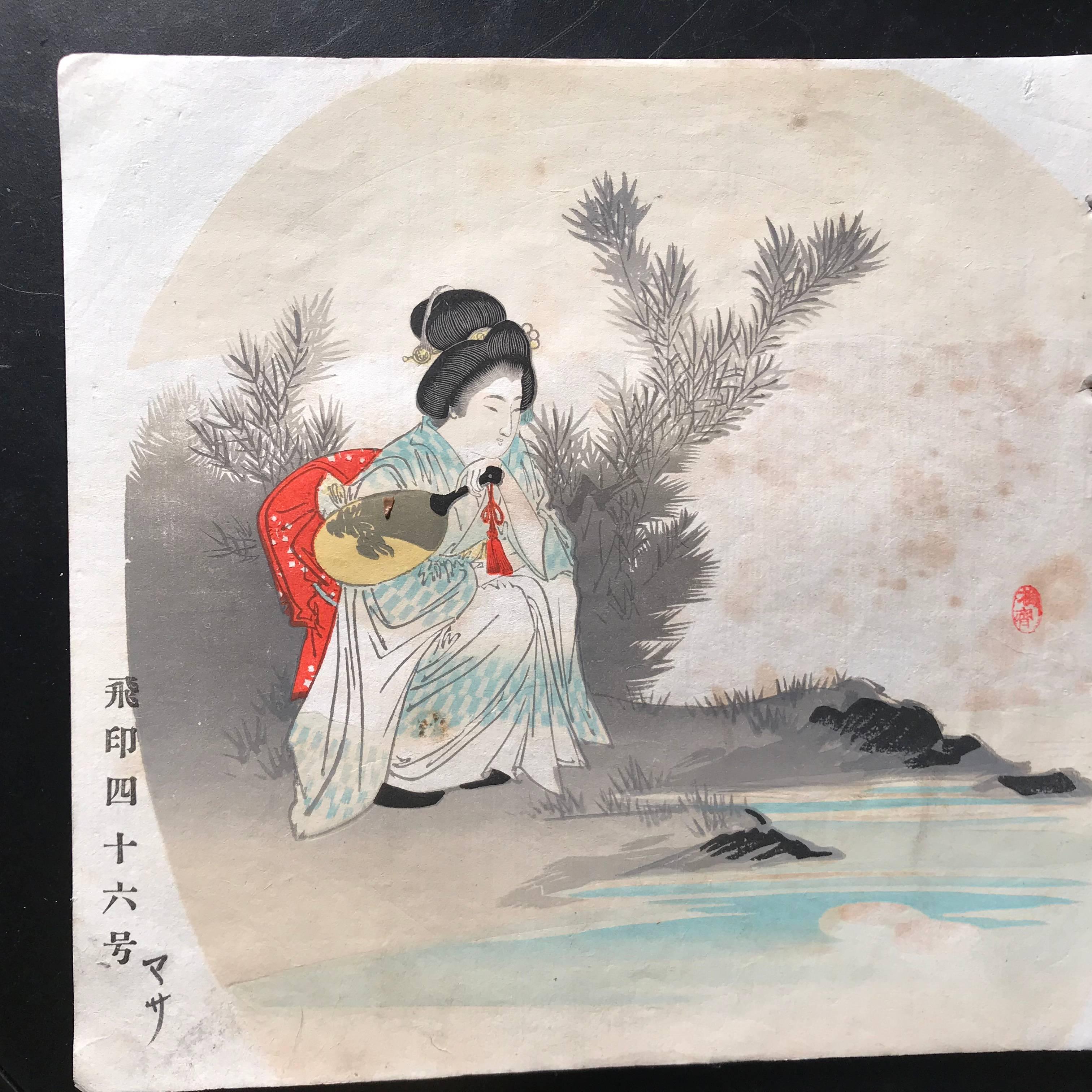 Japanese Antique Brilliant Colors Ten Woodblock Fan Prints Immediately Frameable In Good Condition In South Burlington, VT