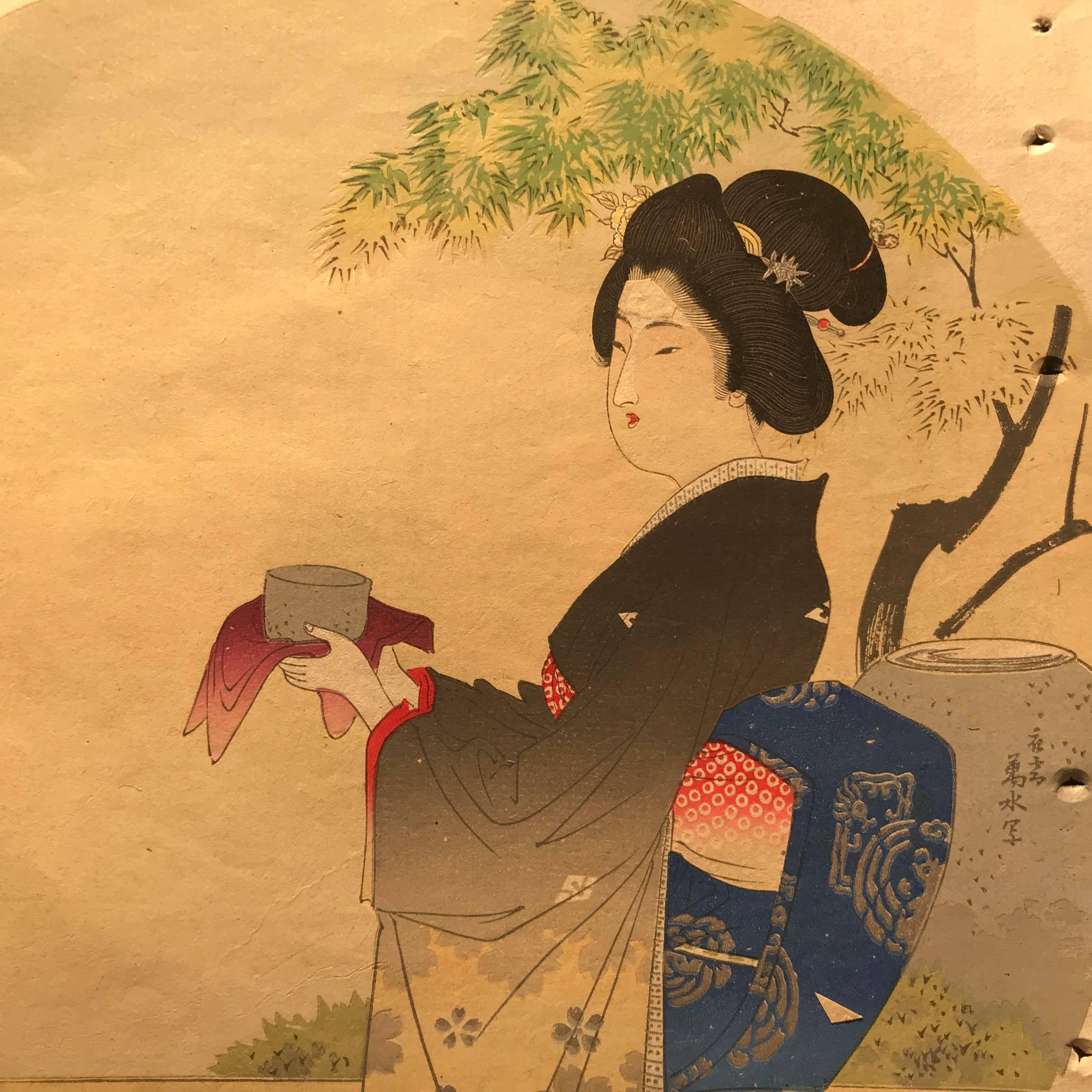 Japanese Antique Brilliant Colors Ten Woodblock Fan Prints Immediately Frameable In Good Condition In South Burlington, VT