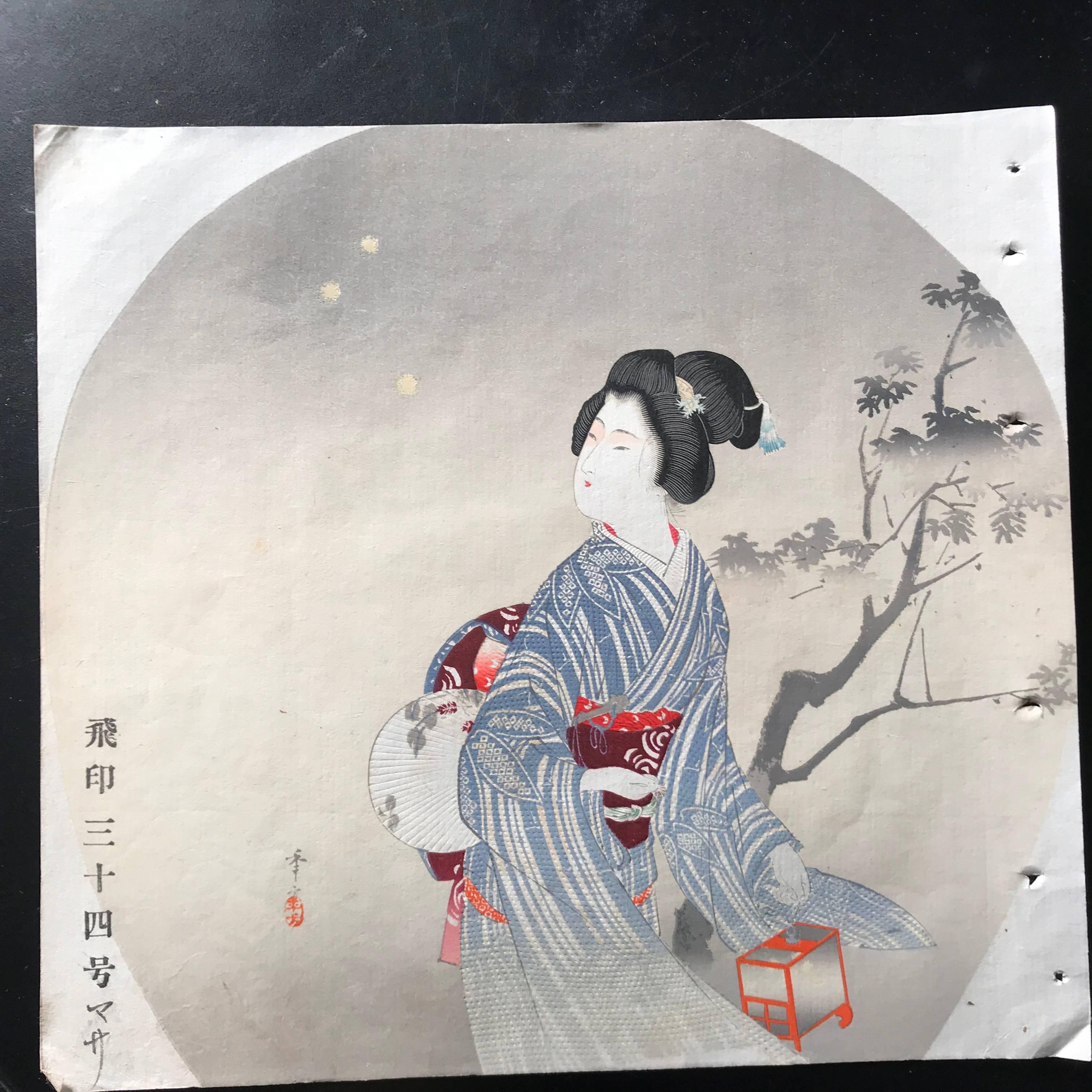 19th Century Japanese Antique Brilliant Colors Ten Woodblock Fan Prints Immediately Frameable