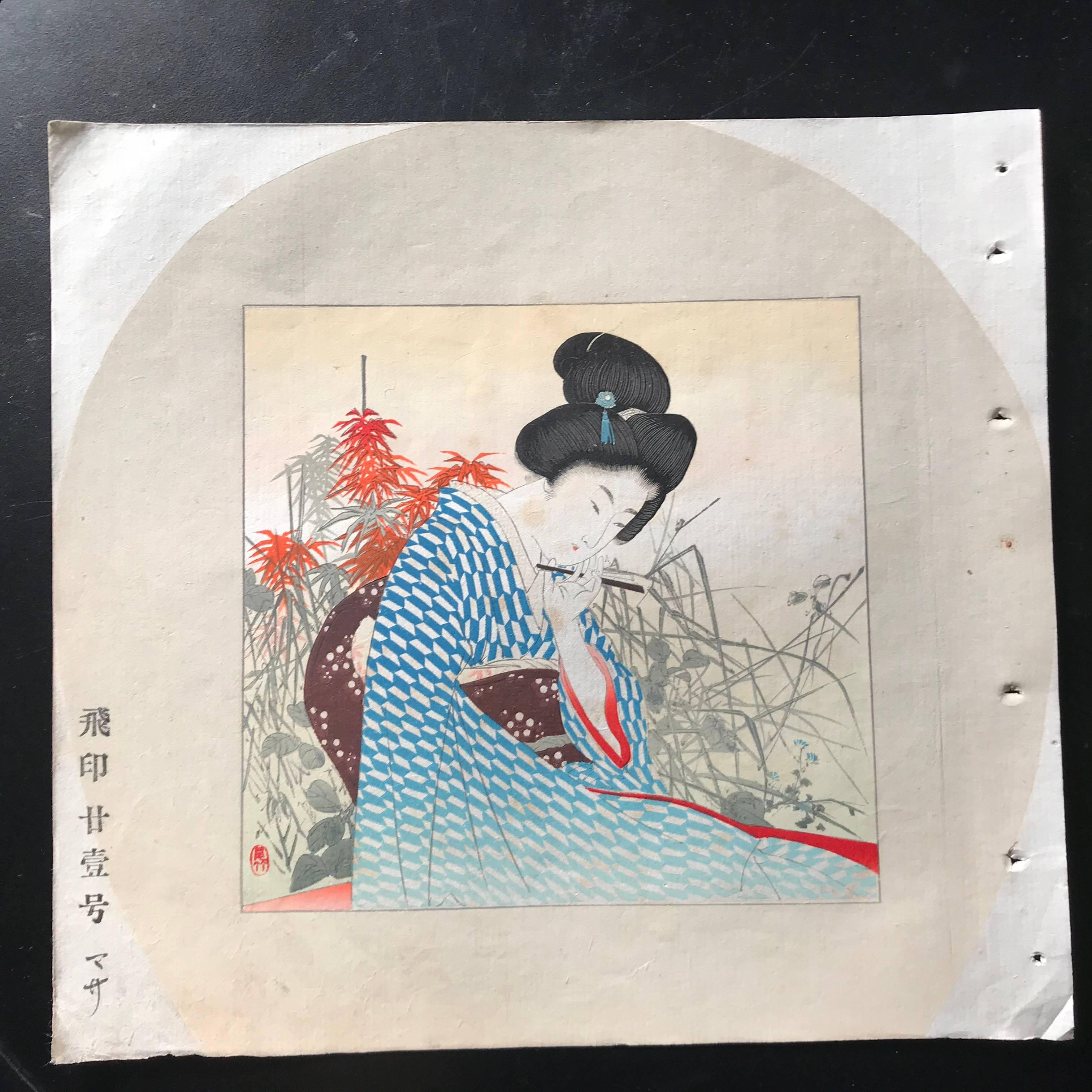 Japanese Antique Brilliant Colors Ten Woodblock Fan Prints Immediately Frameable 1