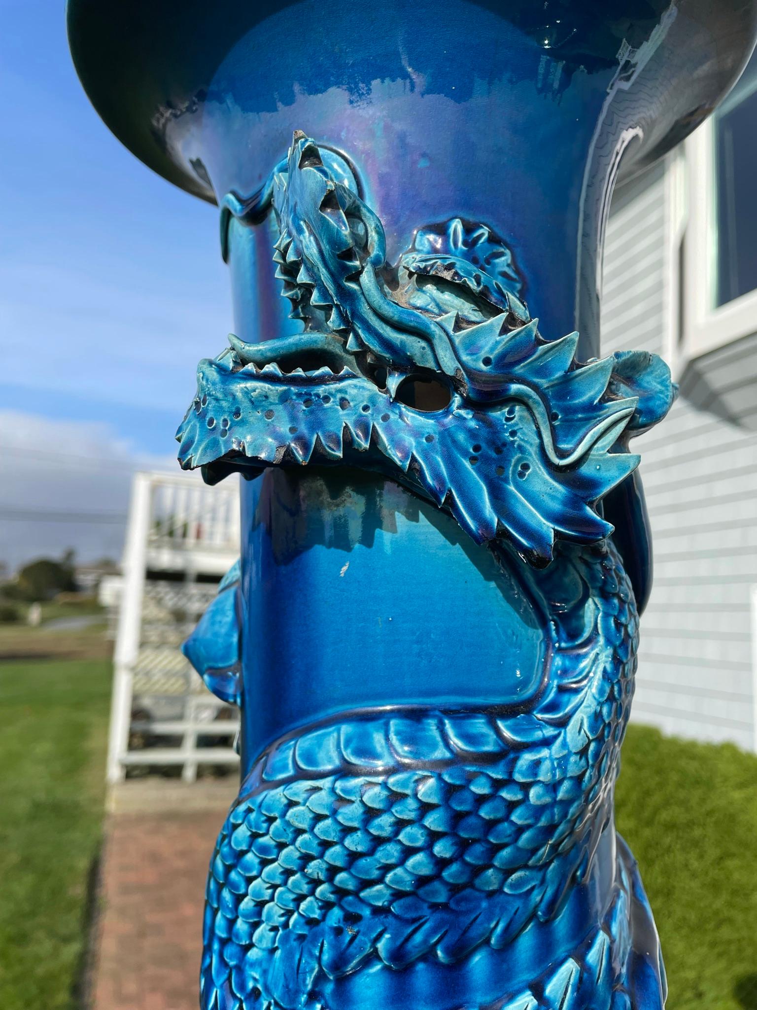 Japanese Huge Antique Year Of Dragon Blue Dragon Vase, Brilliant Color, 37 Inch In Good Condition For Sale In South Burlington, VT