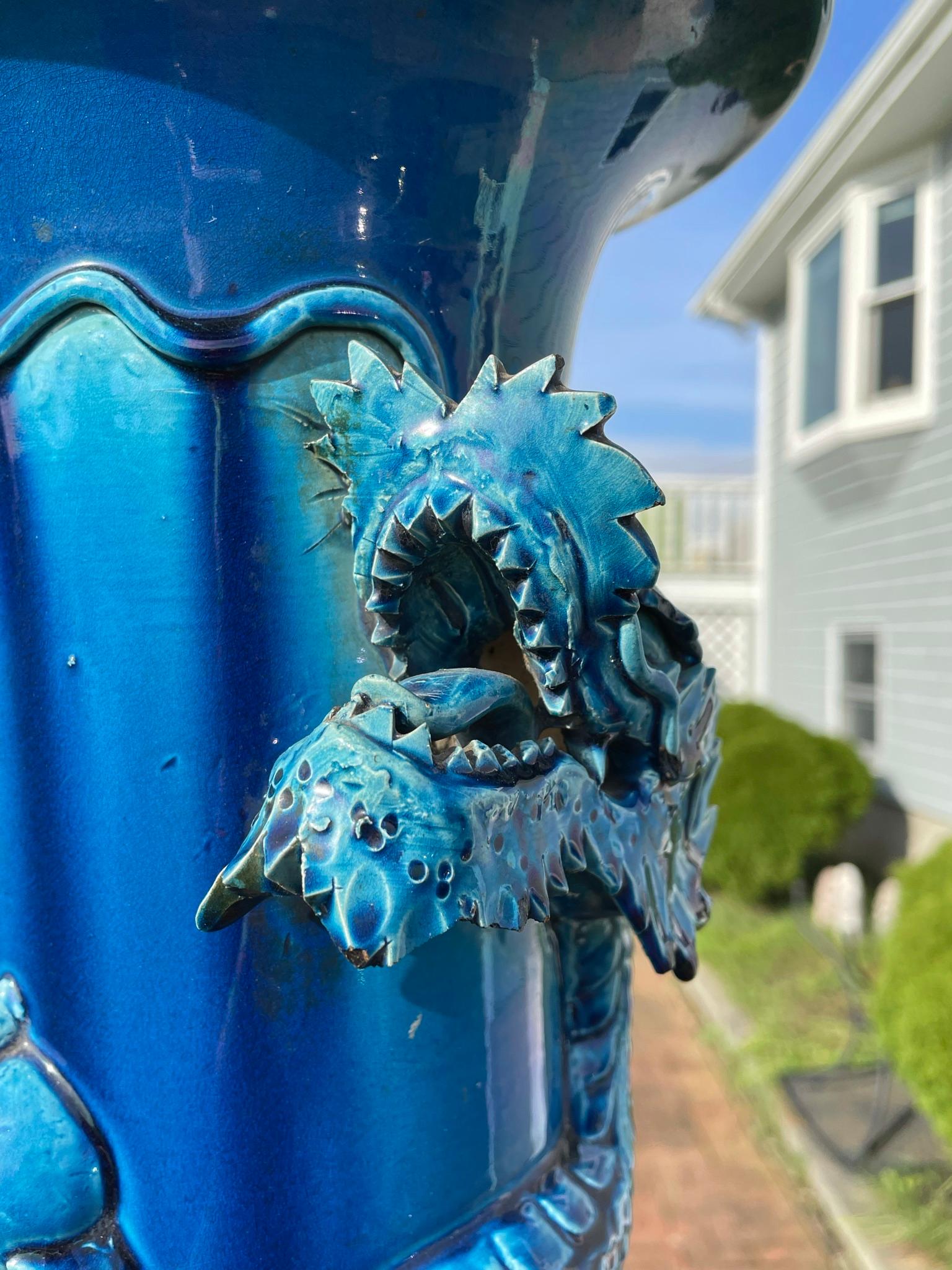 20th Century Japanese Huge Antique Year Of Dragon Blue Dragon Vase, Brilliant Color, 37 Inch For Sale