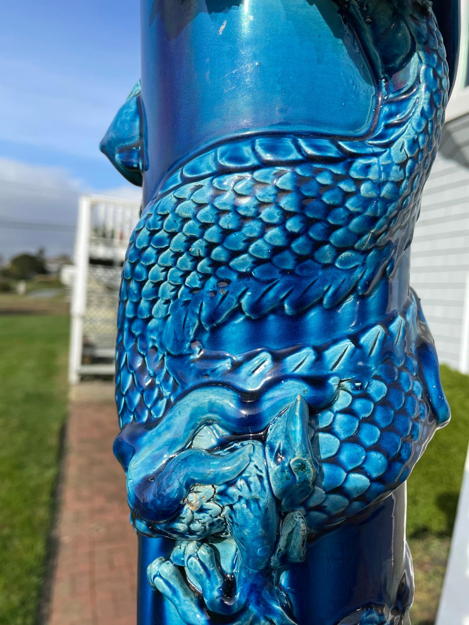 Ceramic Japanese Huge Antique Year Of Dragon Blue Dragon Vase, Brilliant Color, 37 Inch For Sale