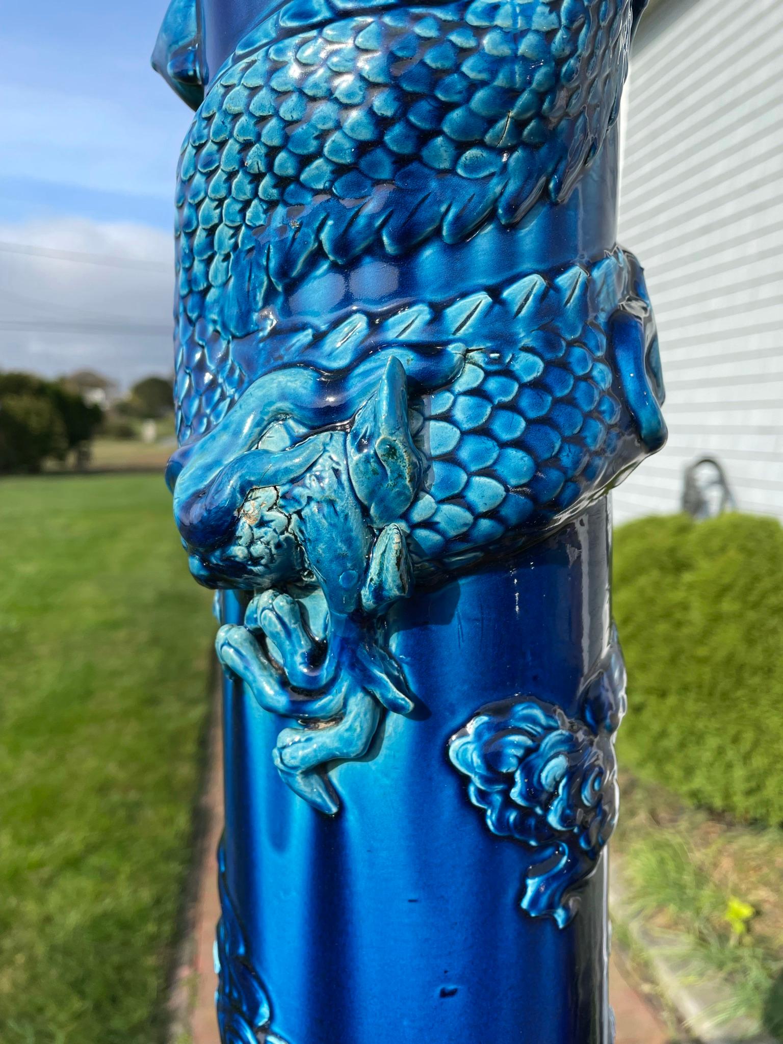 Japanese Huge Antique Year Of Dragon Blue Dragon Vase, Brilliant Color, 37 Inch For Sale 1