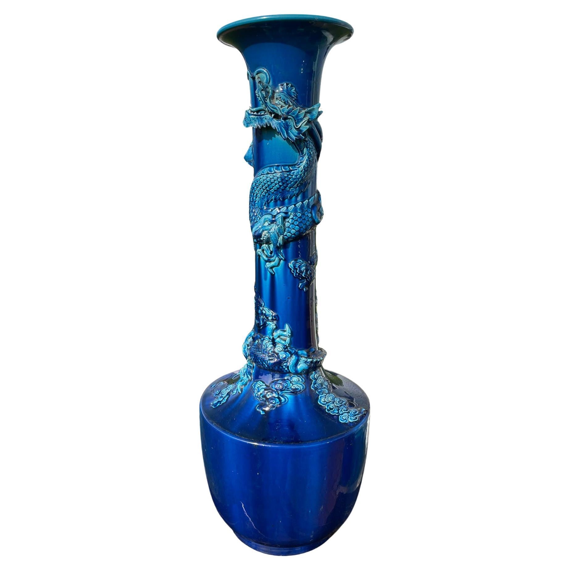 Japanese Huge Antique Year Of Dragon Blue Dragon Vase, Brilliant Color, 37 Inch For Sale