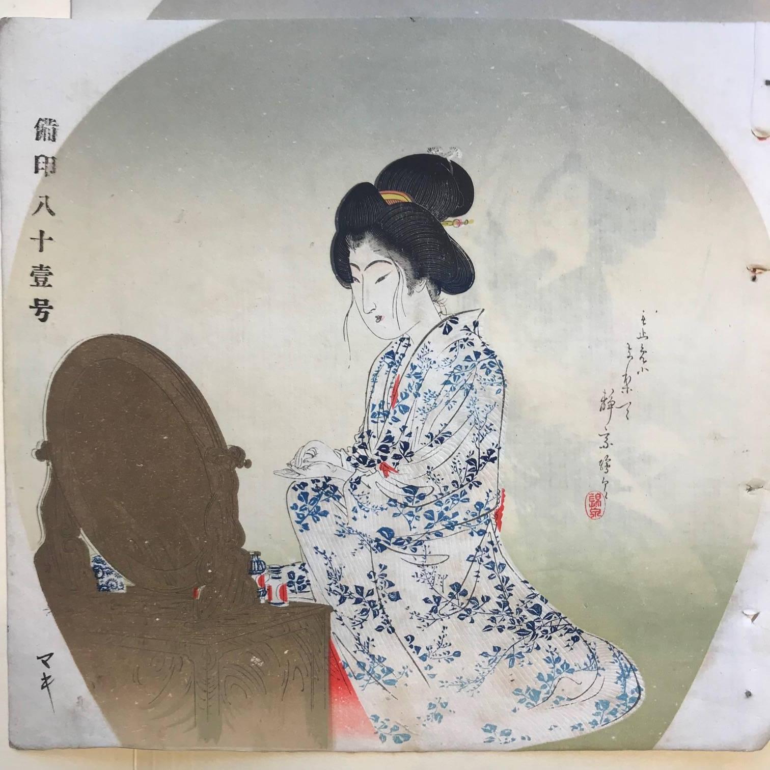 Japanese Antique Brilliant Colors Ten Woodblock Fan Prints Immediately Frameable 4