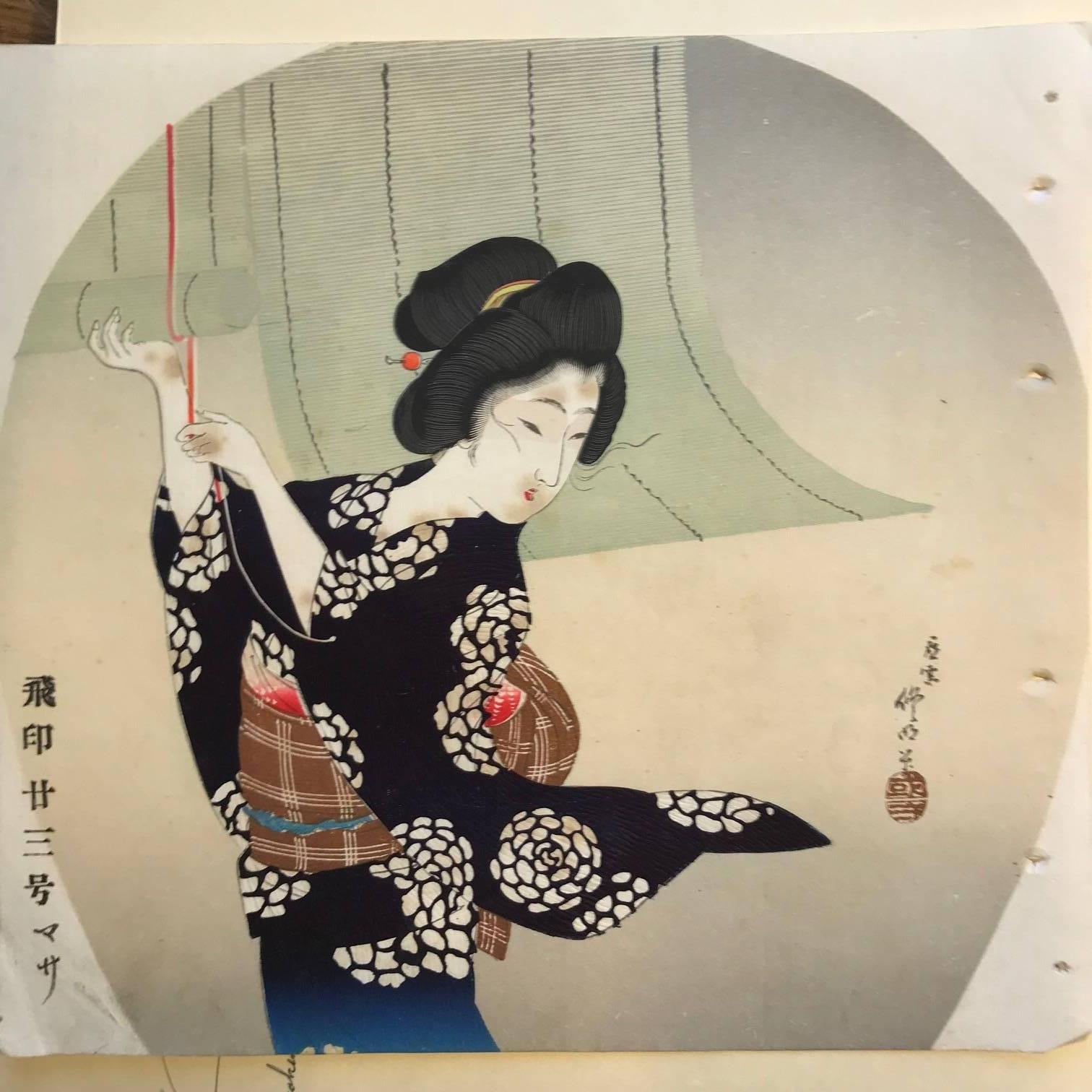 Meiji Japanese Antique Brilliant Colors Ten Woodblock Fan Prints Immediately Frameable