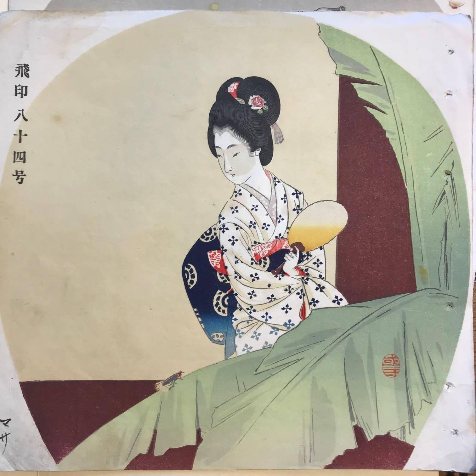 Hand-Crafted Japanese Antique Brilliant Colors Ten Woodblock Fan Prints Immediately Frameable