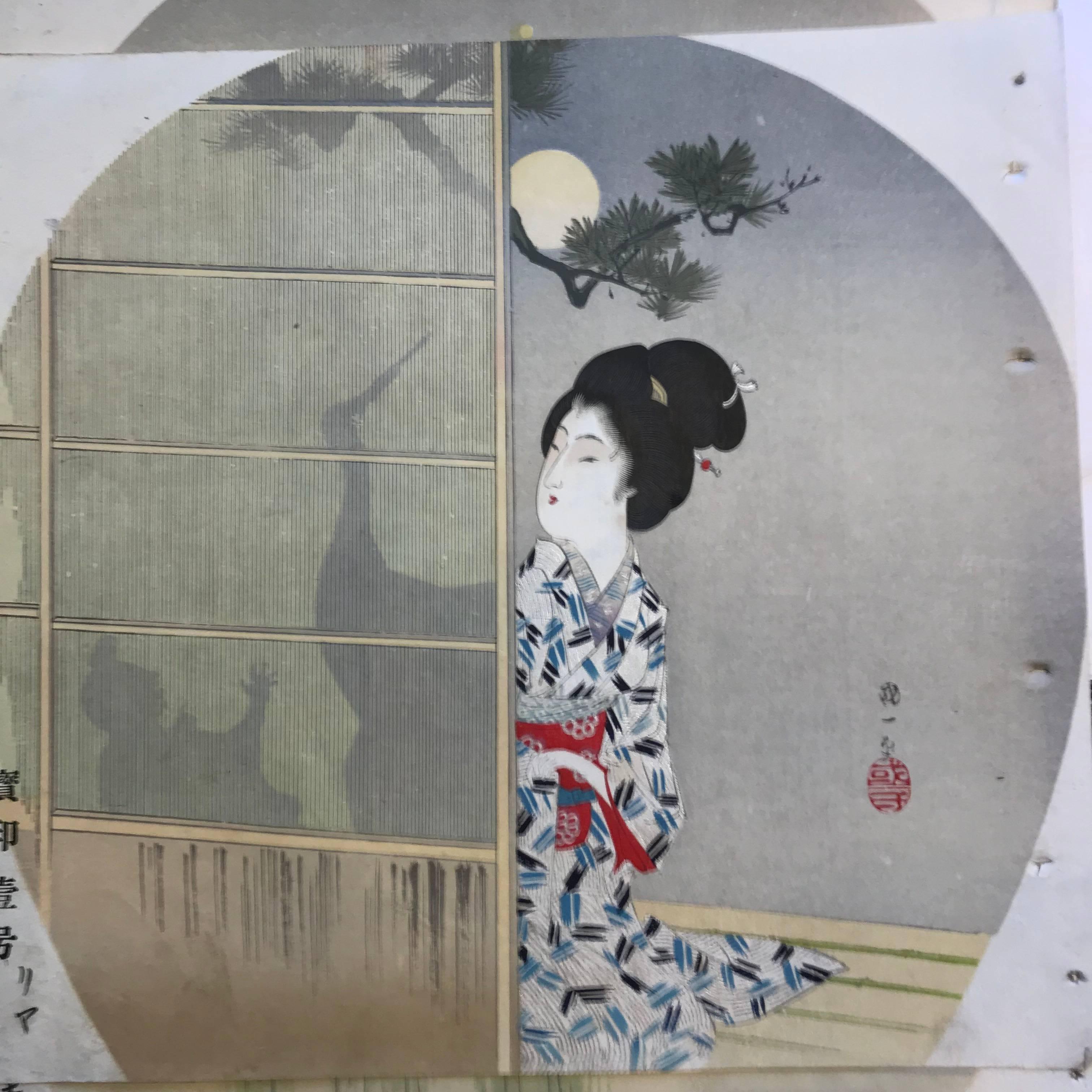 Japanese Antique Brilliant Colors Ten Woodblock Fan Prints Immediately Frameable In Good Condition In South Burlington, VT