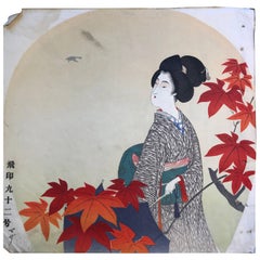 Japanese Antique Brilliant Colors Ten Woodblock Fan Prints Immediately Frameable