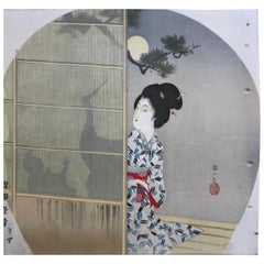 Japanese Antique Brilliant Colors Ten Woodblock Fan Prints Immediately Frameable