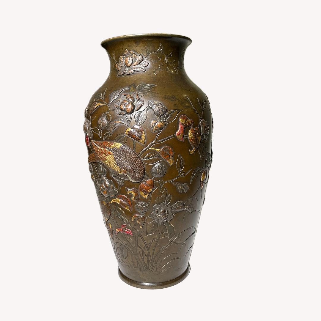 Inlay Japanese Antique Bronz Gilt Vase with Flower and Bird Design, Meiji Period For Sale