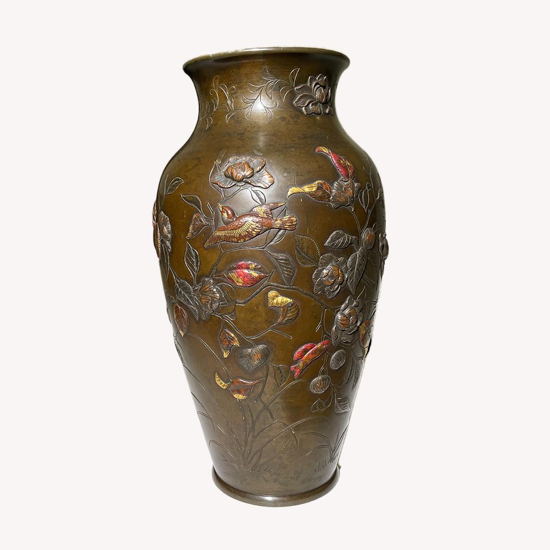 Inlay Japanese Antique Bronz Gilt Vase with Flower and Bird Design, Meiji Period For Sale