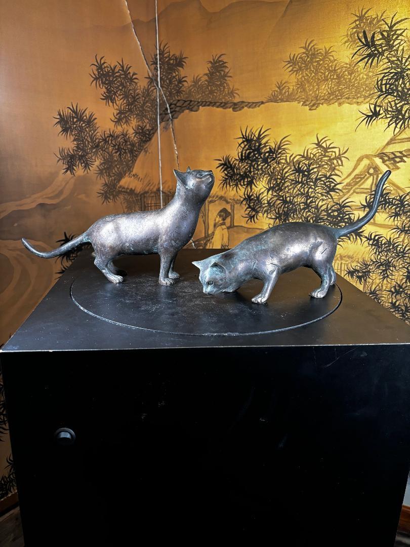 Taisho Japanese Antique Bronze Cats Pair Hand Cast With Playful Pose For Sale