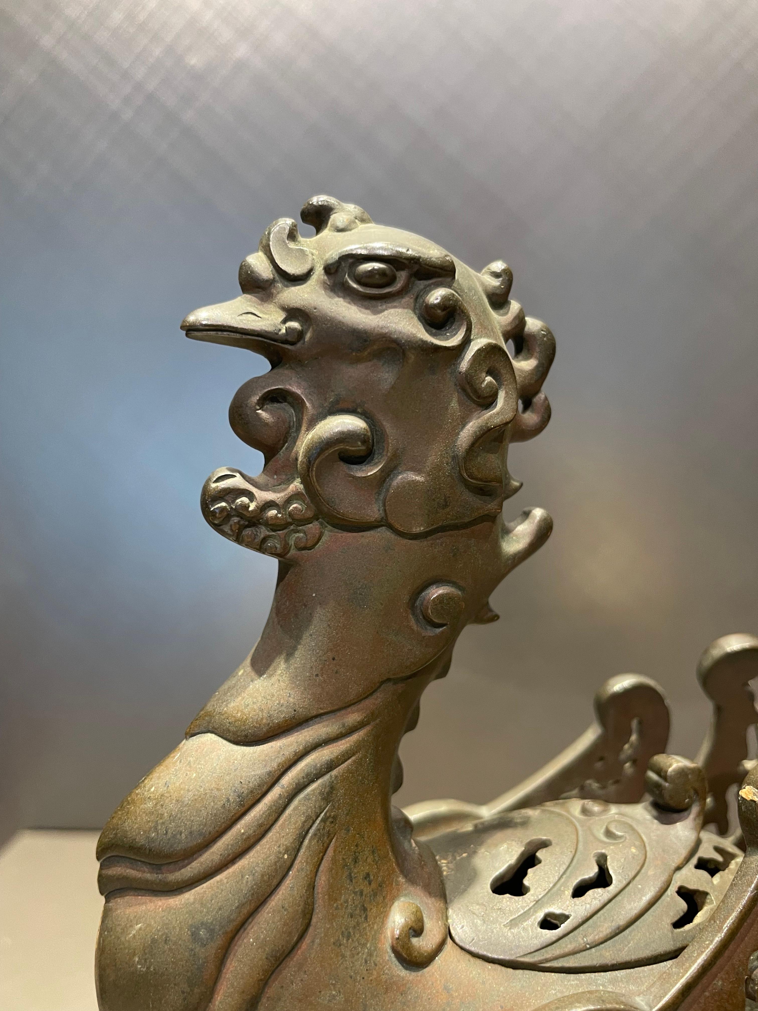 Japanese Antique Bronze Fenix Shaped Insence Burnar, Taisho Period For Sale 1