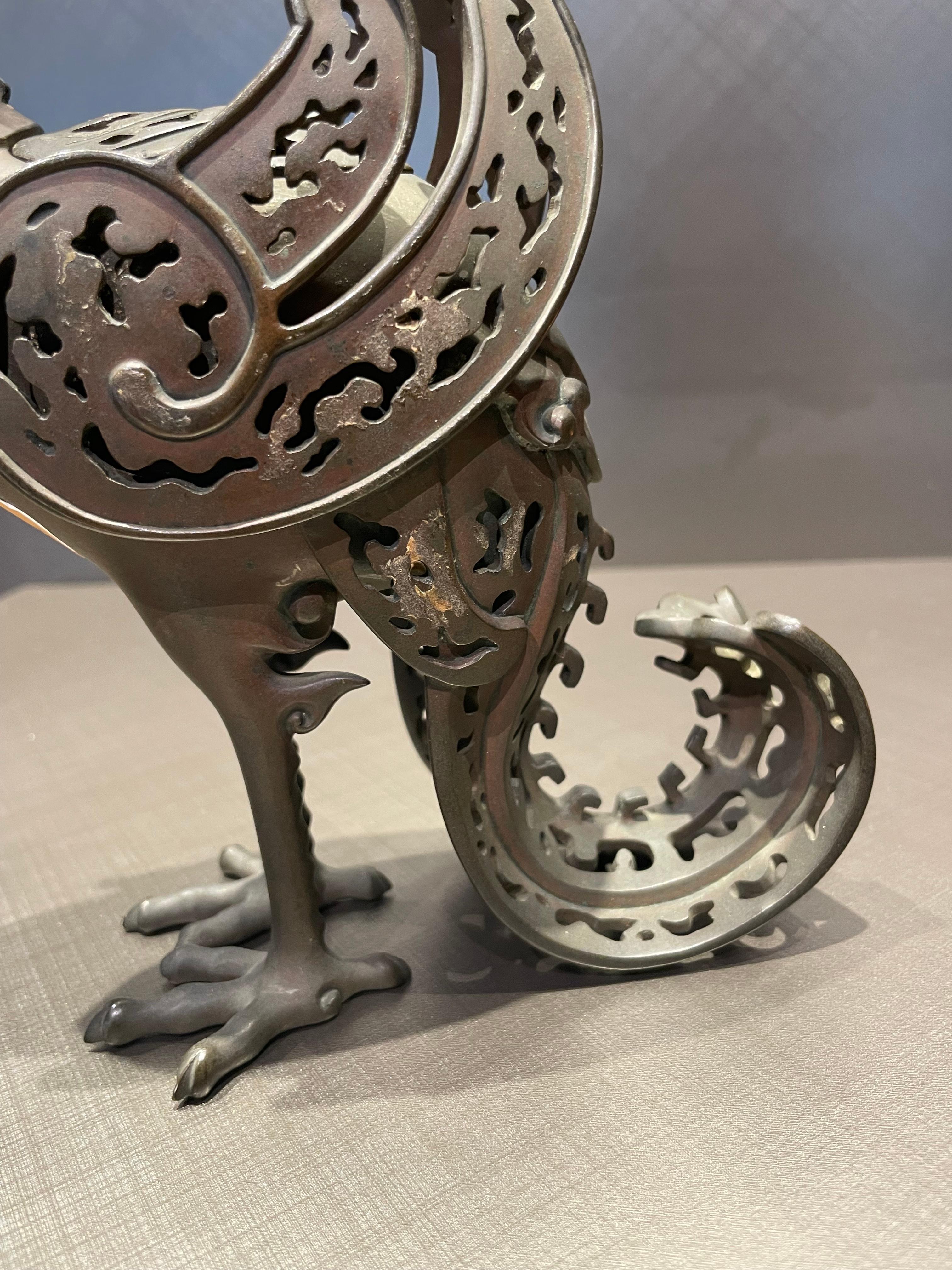 Japanese Antique Bronze Fenix Shaped Insence Burnar, Taisho Period For Sale 3