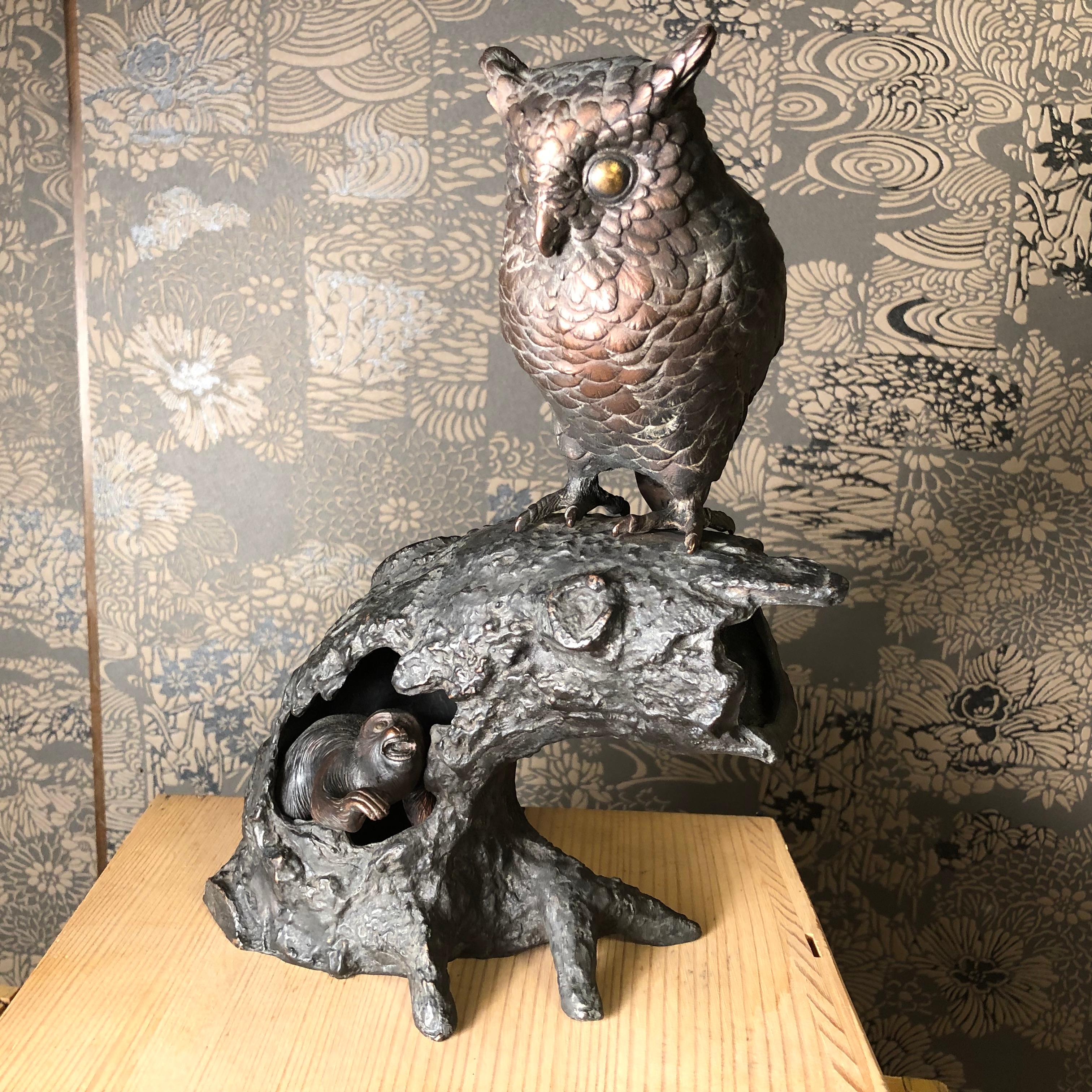 Japanese Antique Bronze Perched Owl , Tree & Friend Original Signed Box 4
