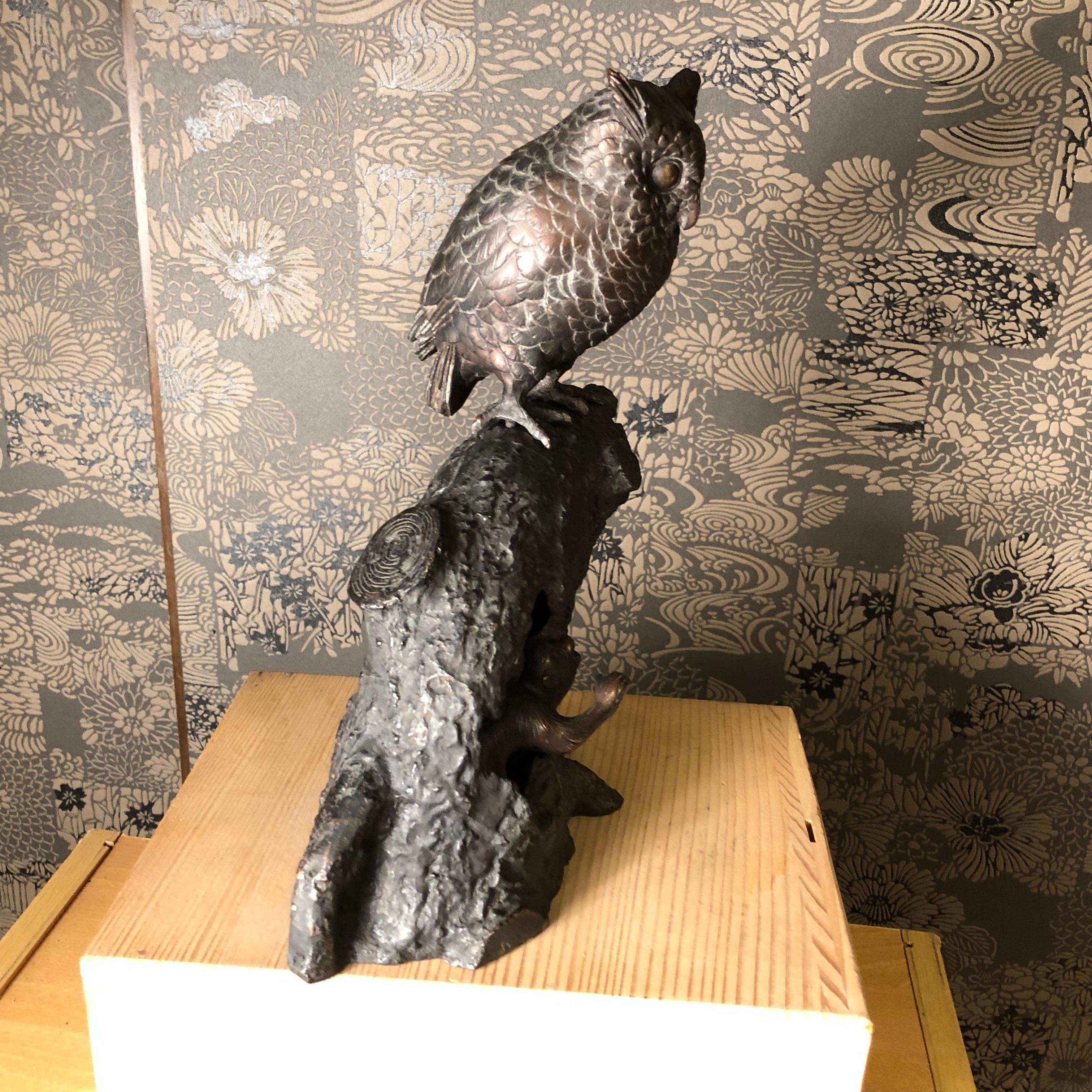 Japanese Antique Bronze Perched Owl , Tree & Friend Original Signed Box 5