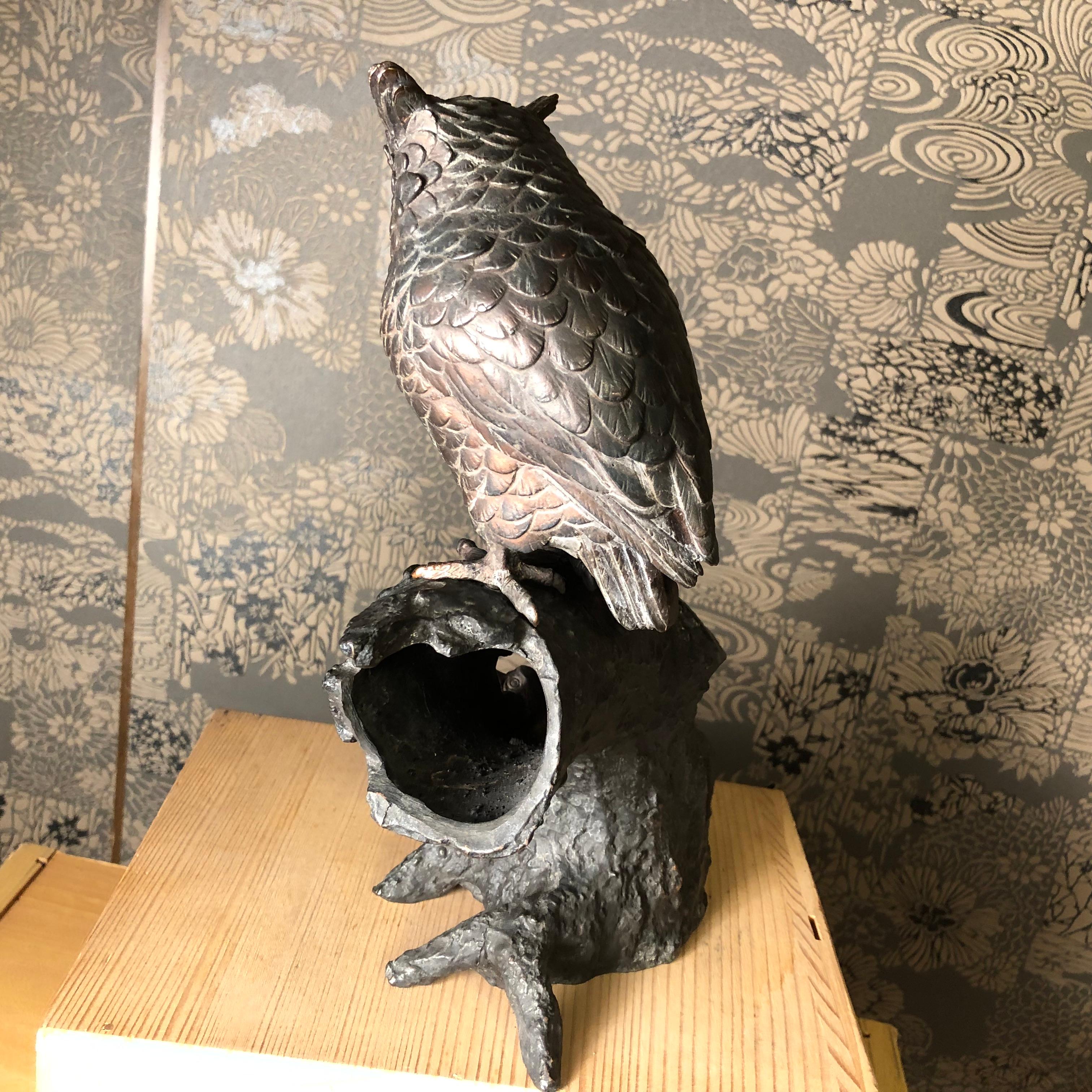 Japanese Antique Bronze Perched Owl , Tree & Friend Original Signed Box 6