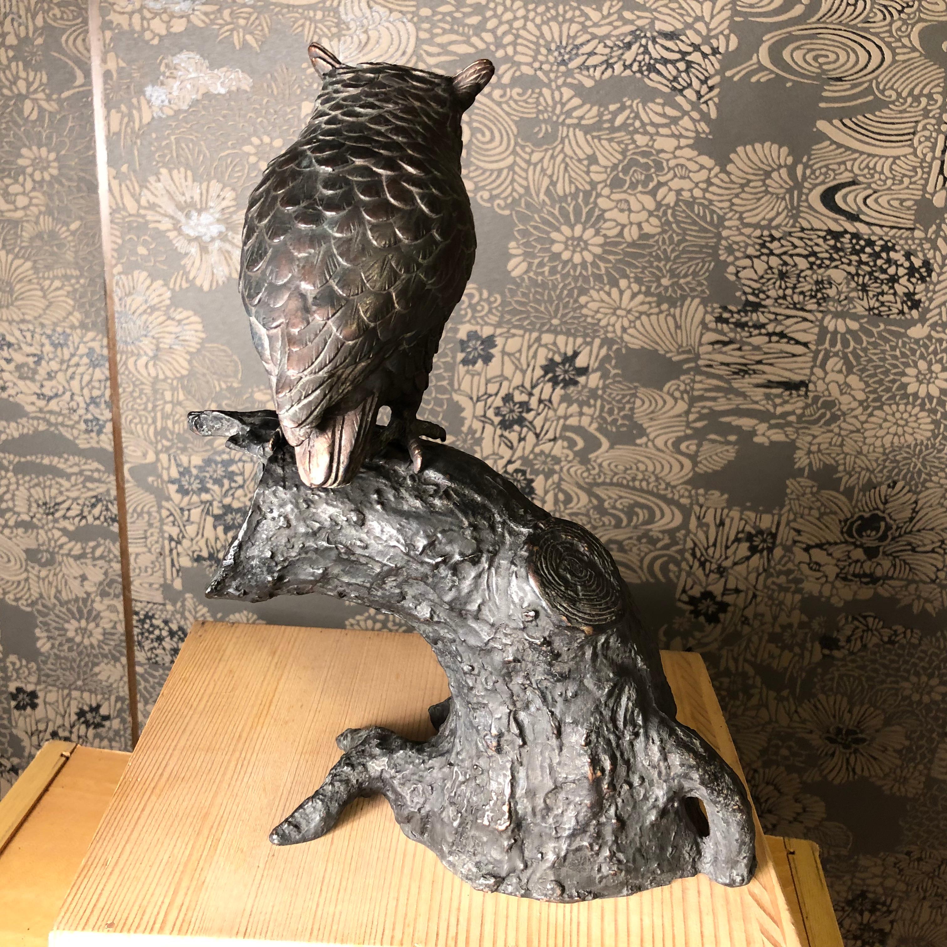 Japanese Antique Bronze Perched Owl , Tree & Friend Original Signed Box 7