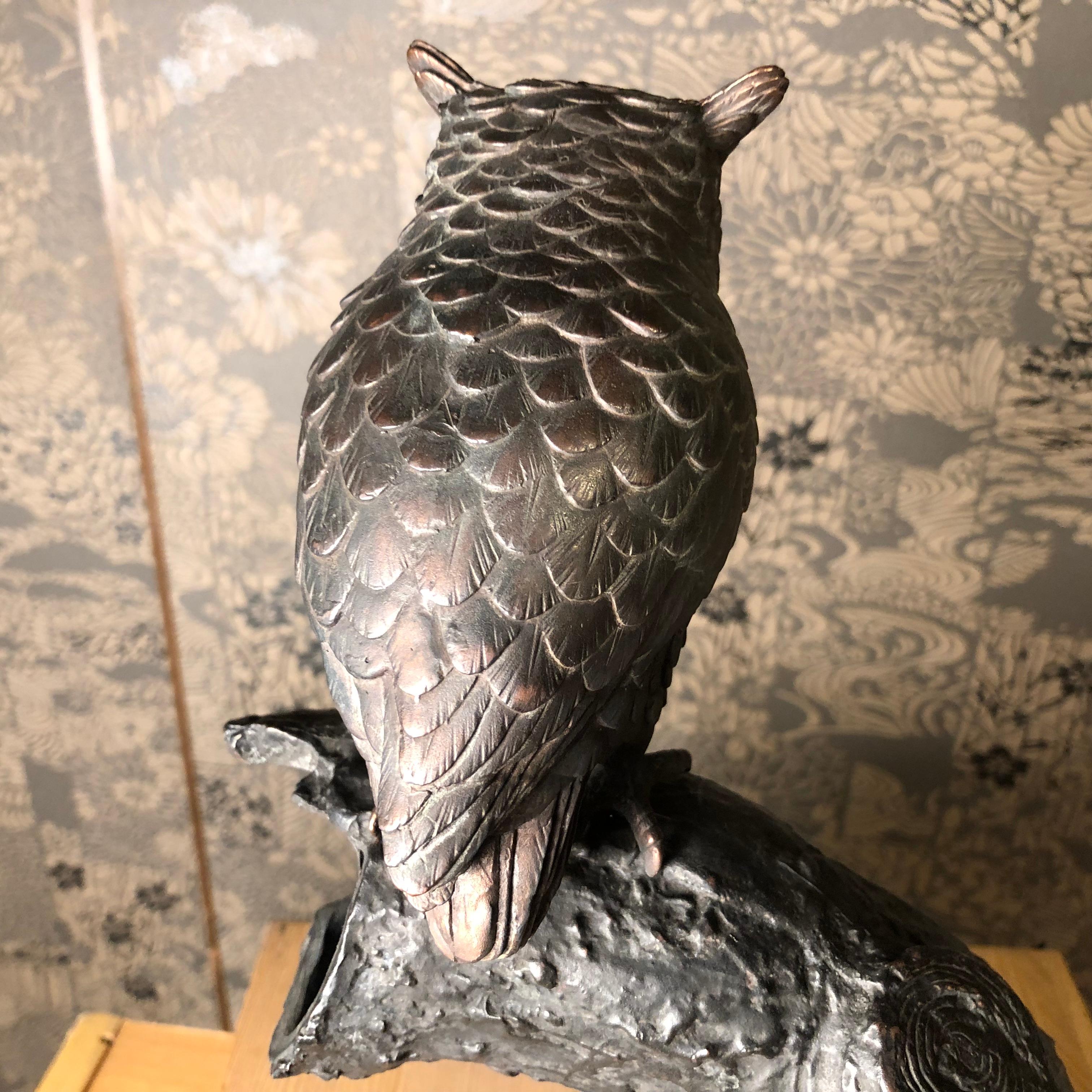 Japanese Antique Bronze Perched Owl , Tree & Friend Original Signed Box 8