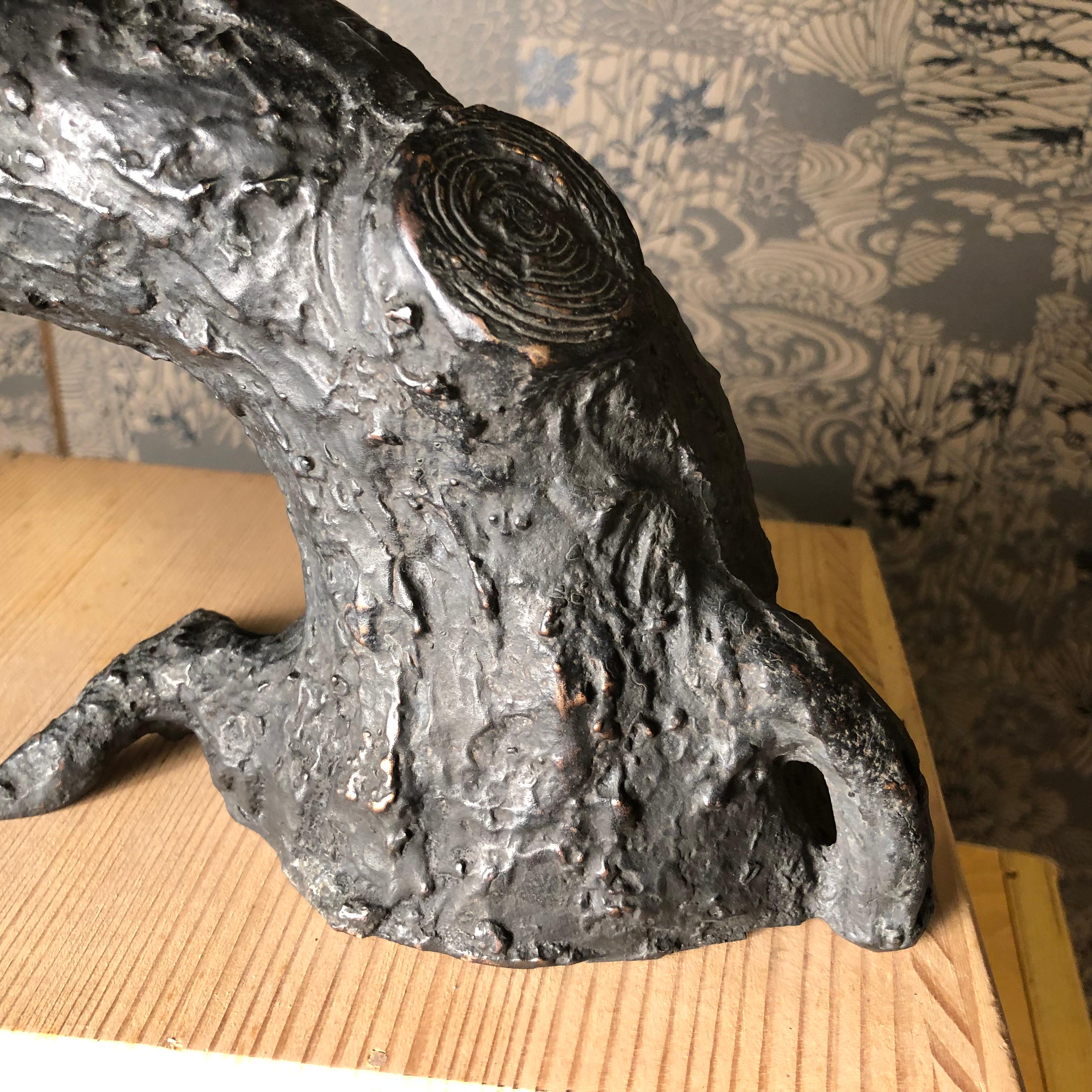 Japanese Antique Bronze Perched Owl , Tree & Friend Original Signed Box 9