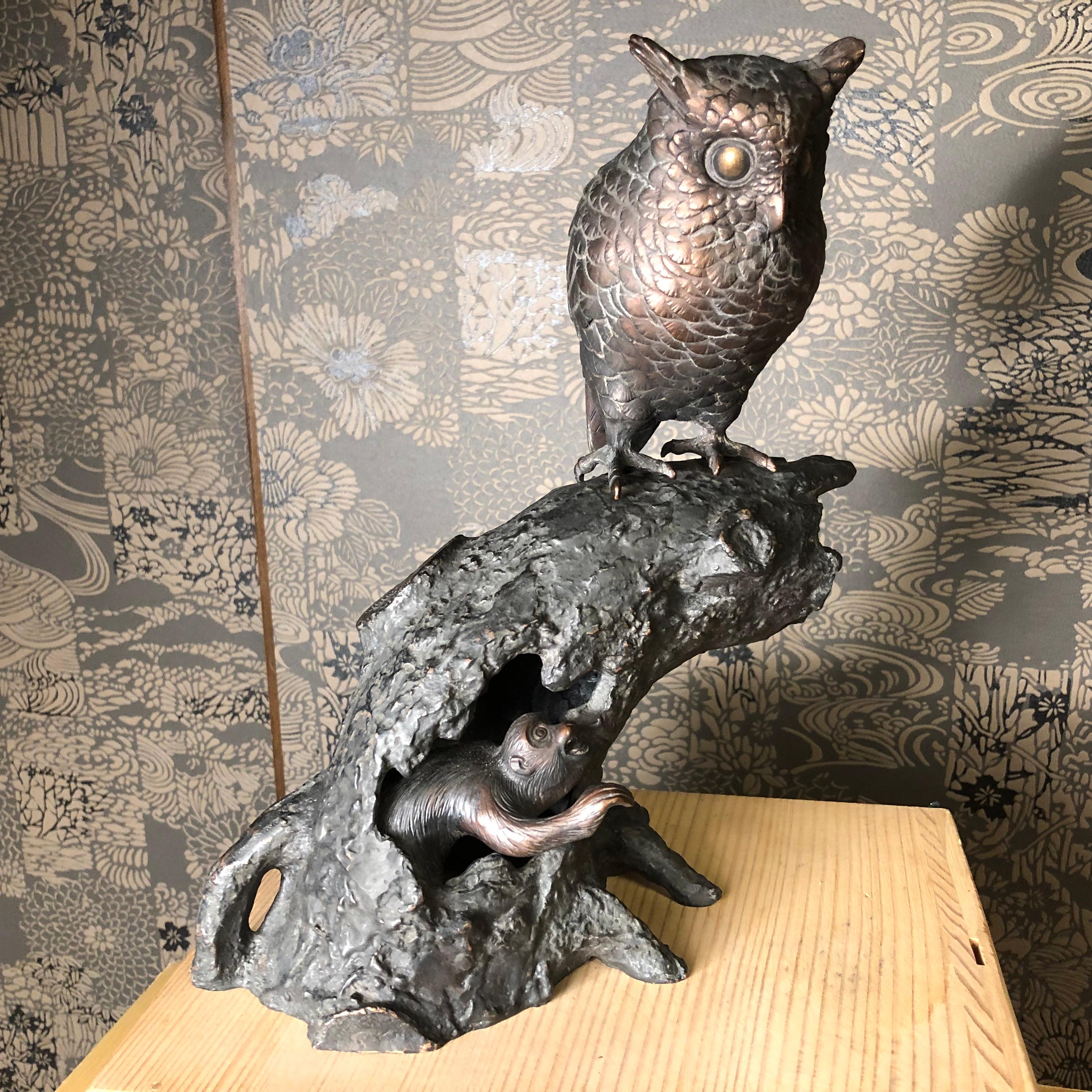 Japanese Antique Bronze Perched Owl , Tree & Friend Original Signed Box 11