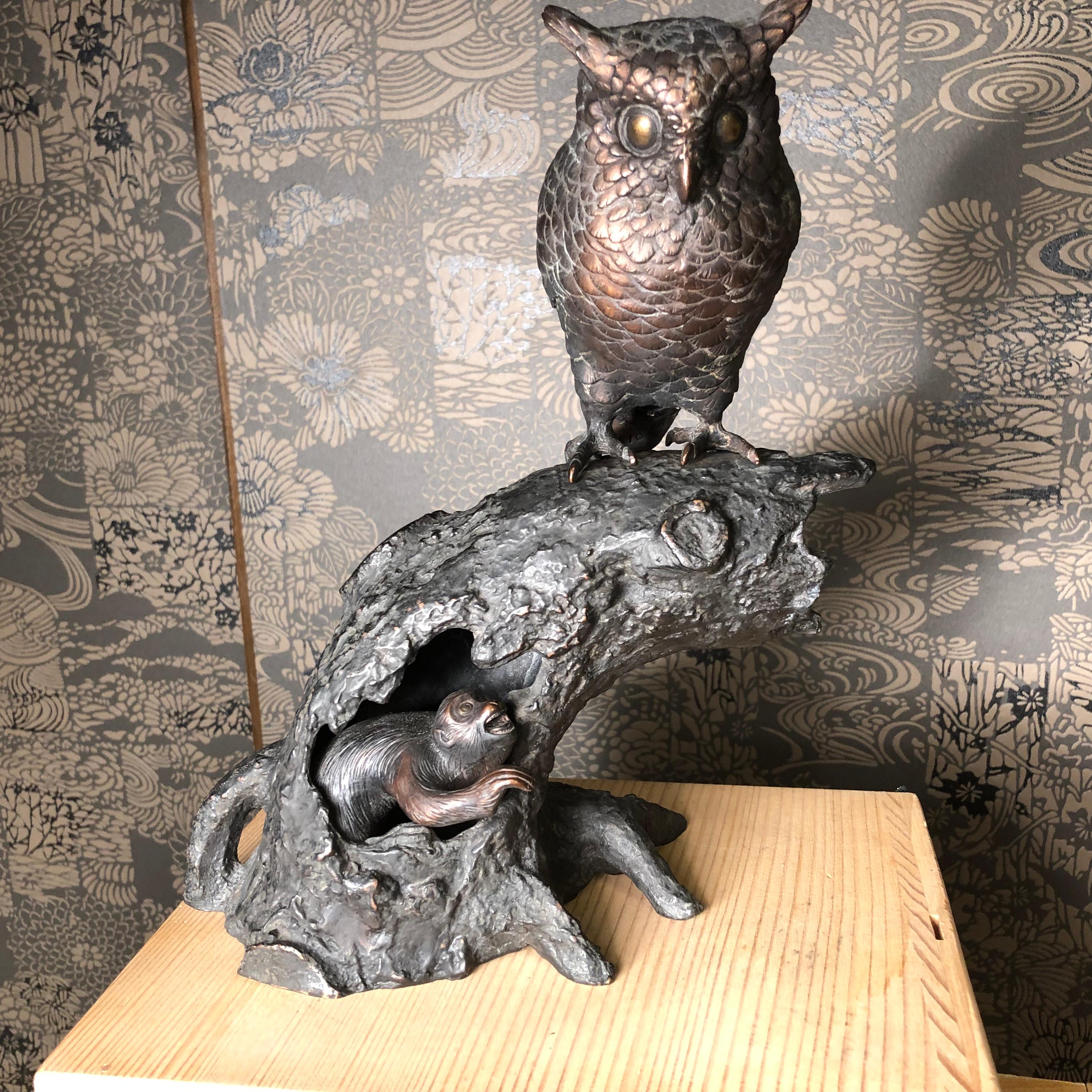 Taisho Japanese Antique Bronze Perched Owl , Tree & Friend Original Signed Box