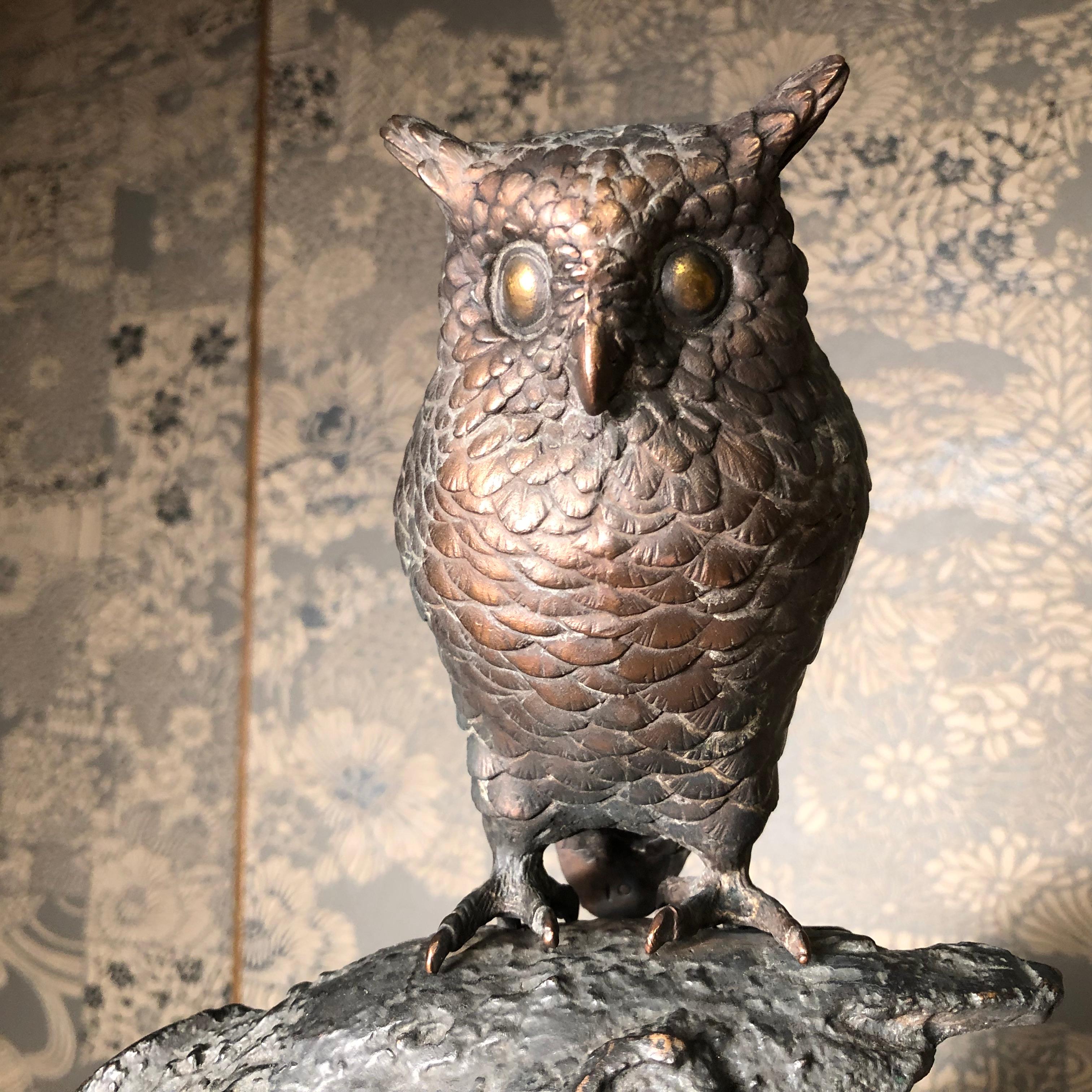 Cast Japanese Antique Bronze Perched Owl , Tree & Friend Original Signed Box