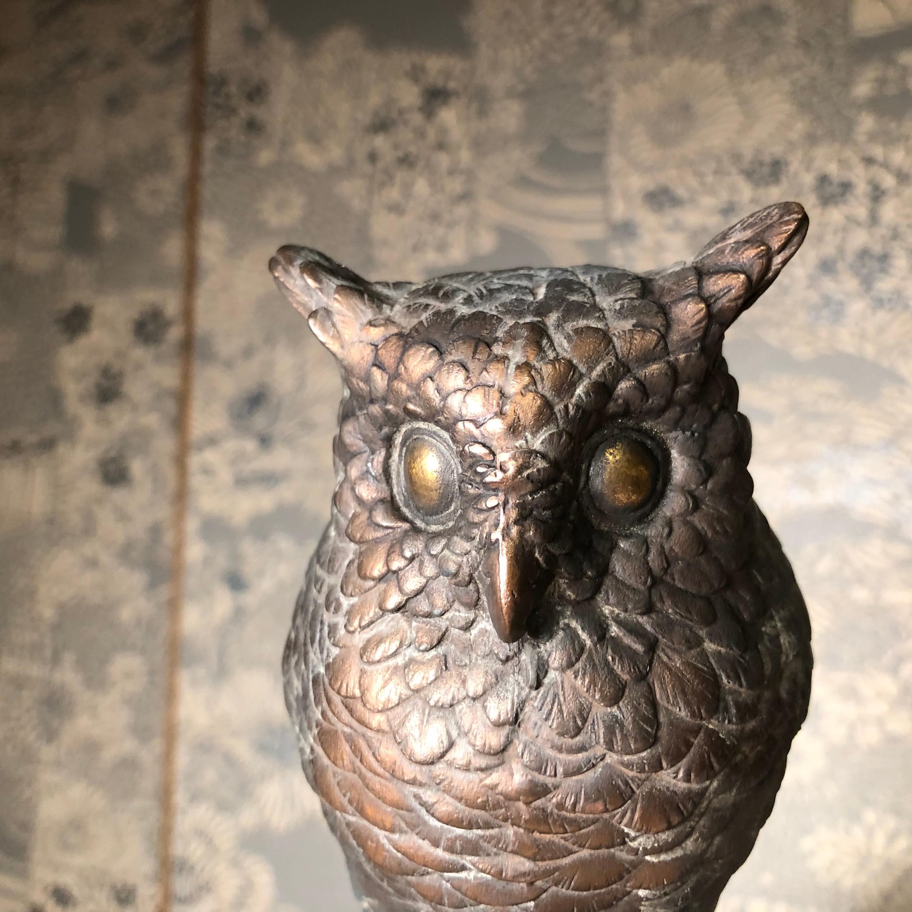 Japanese Antique Bronze Perched Owl , Tree & Friend Original Signed Box In Good Condition In South Burlington, VT
