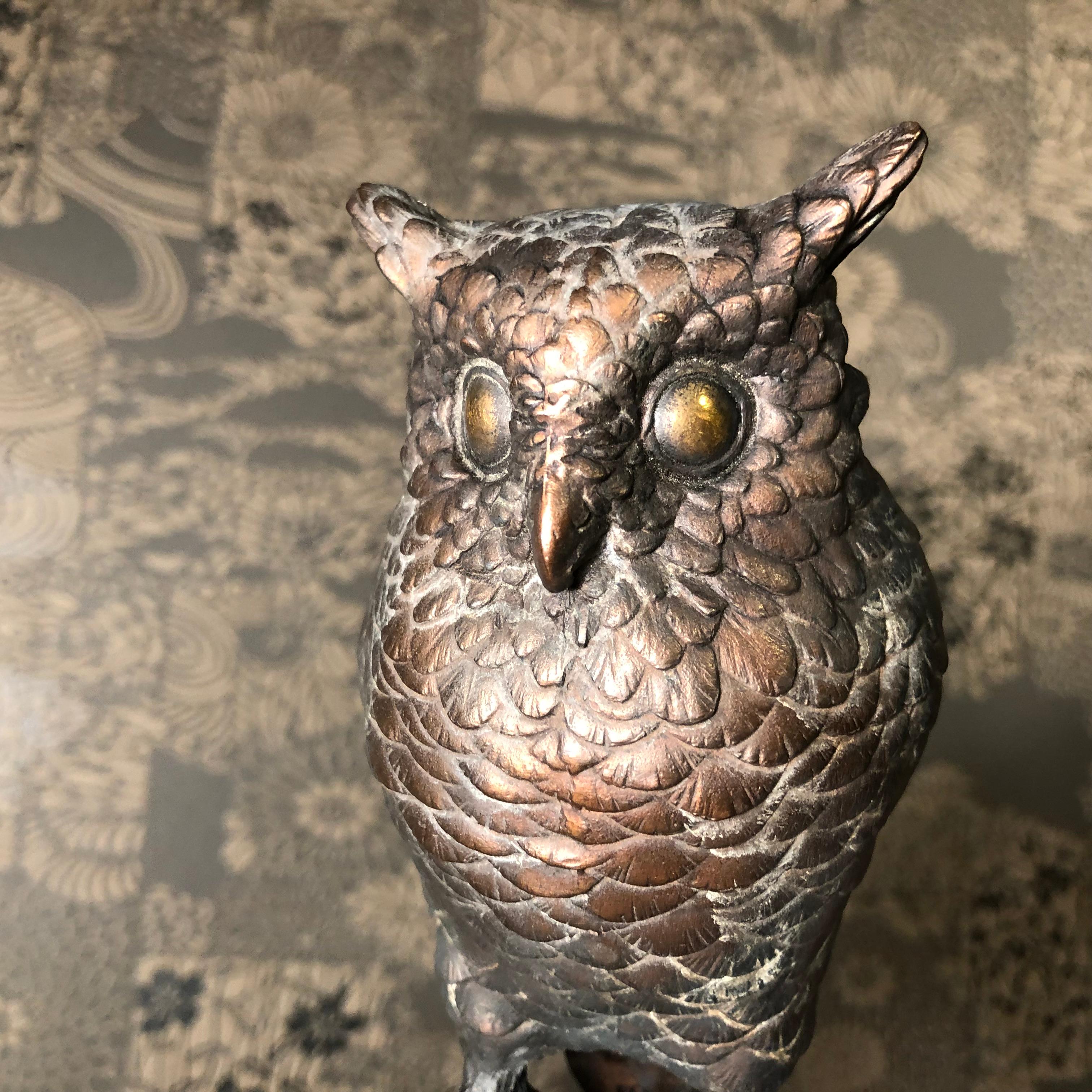 20th Century Japanese Antique Bronze Perched Owl , Tree & Friend Original Signed Box