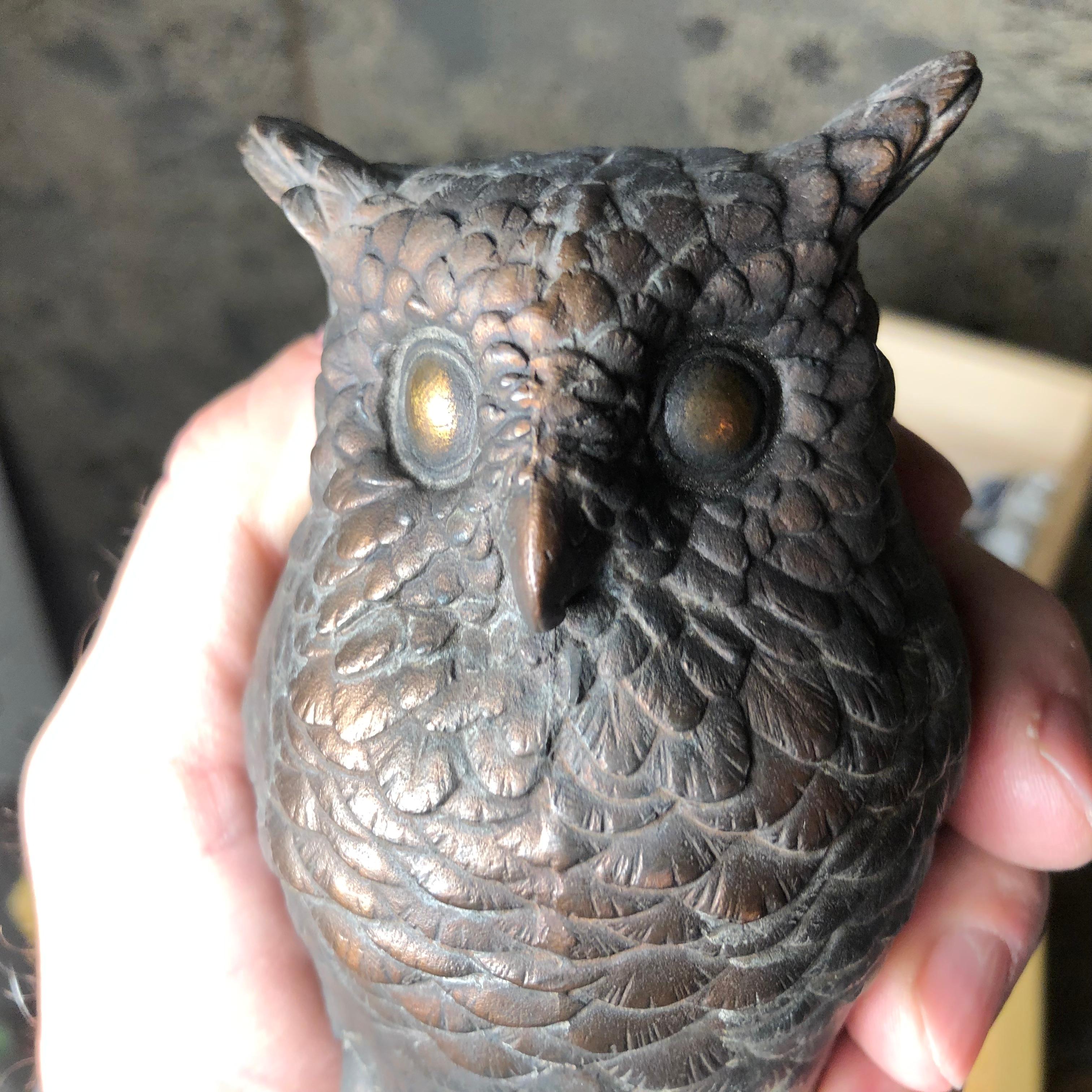 Japanese Antique Bronze Perched Owl , Tree & Friend Original Signed Box 1