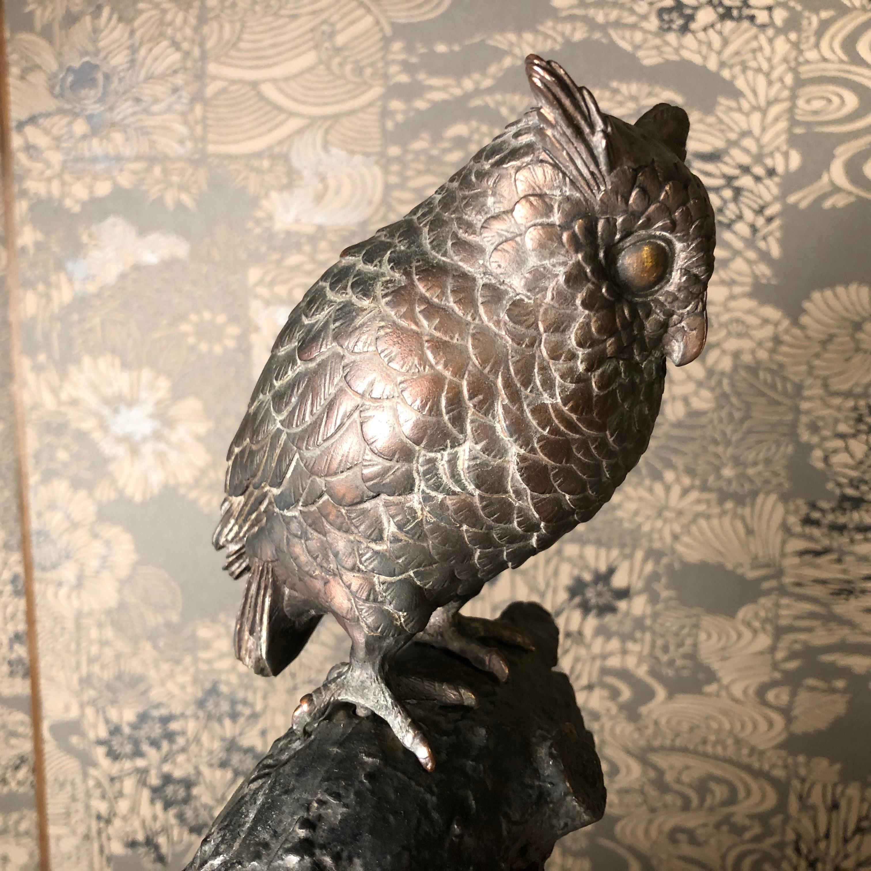 Japanese Antique Bronze Perched Owl , Tree & Friend Original Signed Box 2
