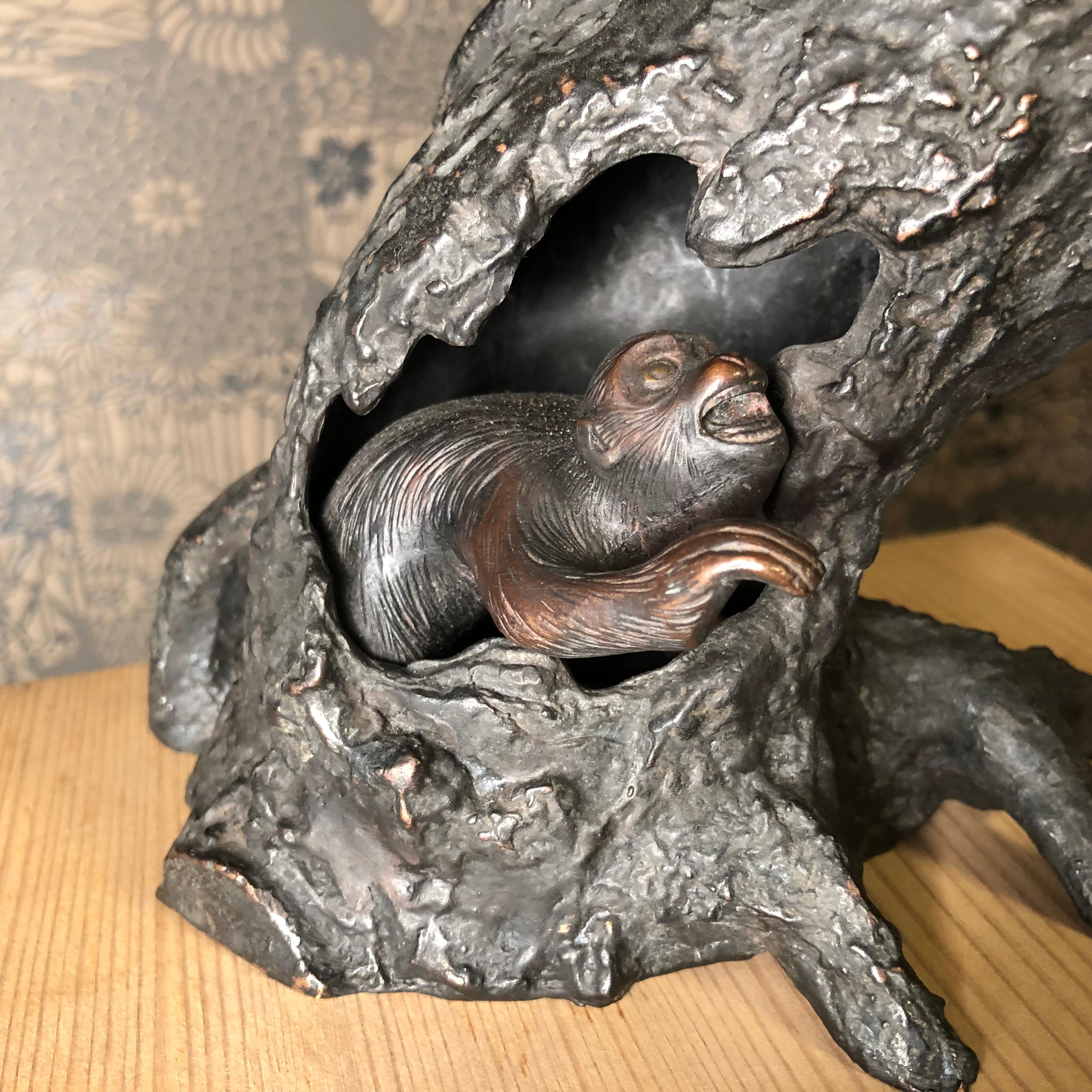 Japanese Antique Bronze Perched Owl , Tree & Friend Original Signed Box 3