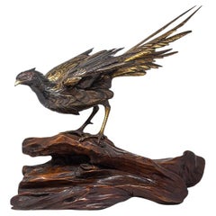 Japanese Antique Bronze Pheasant Okimono by Genryusai Seiya Meiji Period