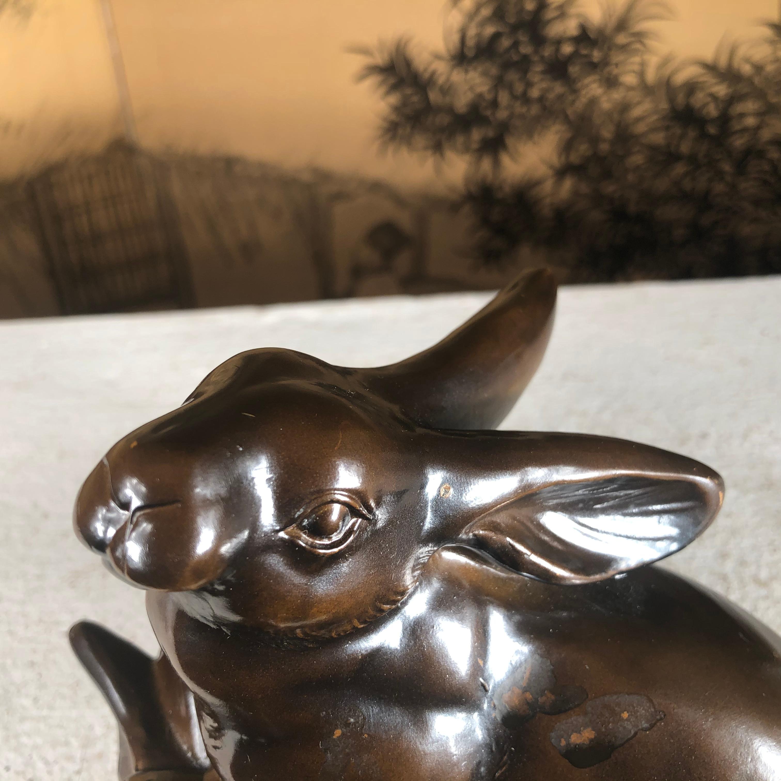 Taisho Japanese Antique Bronze Rabbit Mother and Baby Family Group Usagi