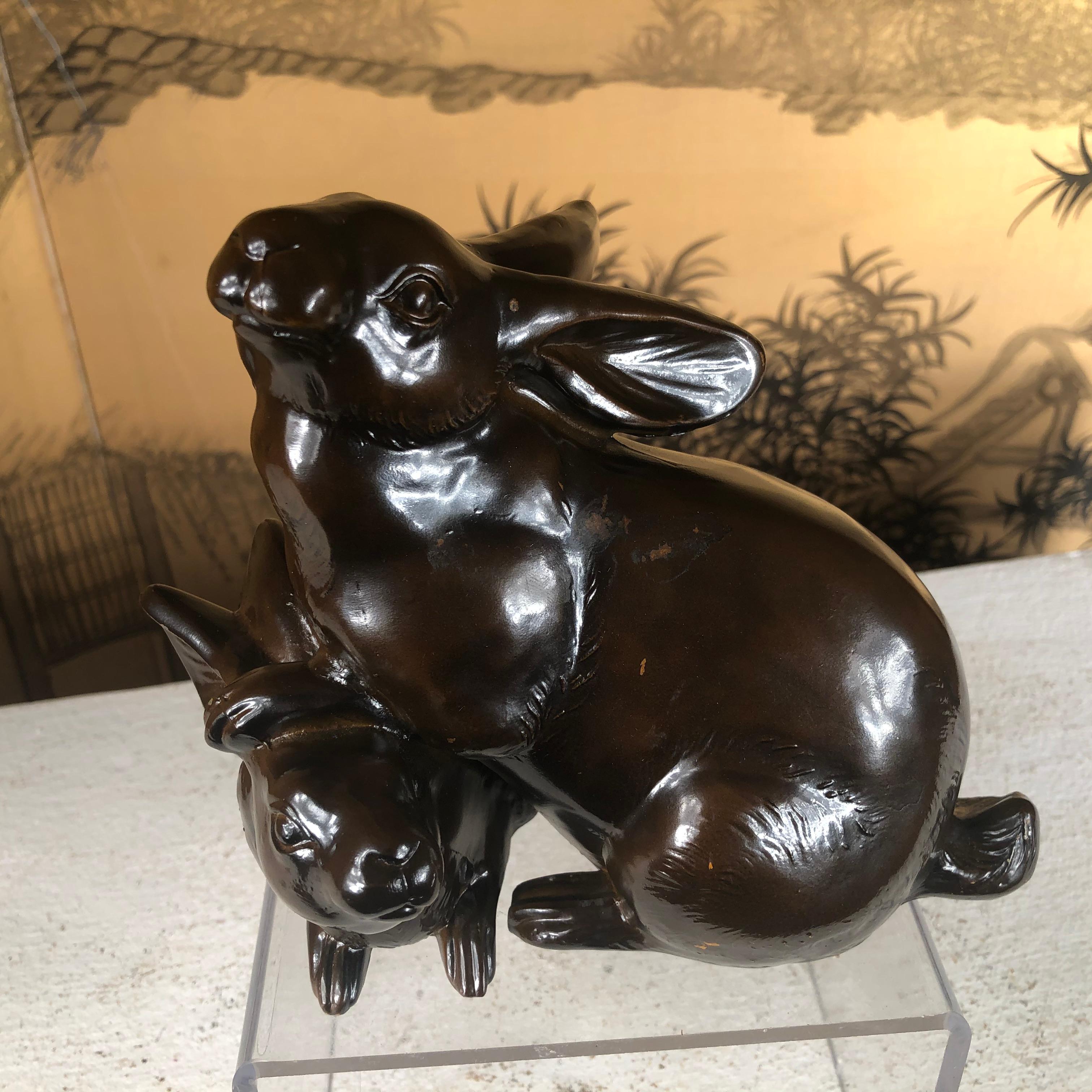 Japanese Antique Bronze Rabbit Mother and Baby Family Group Usagi In Good Condition In South Burlington, VT