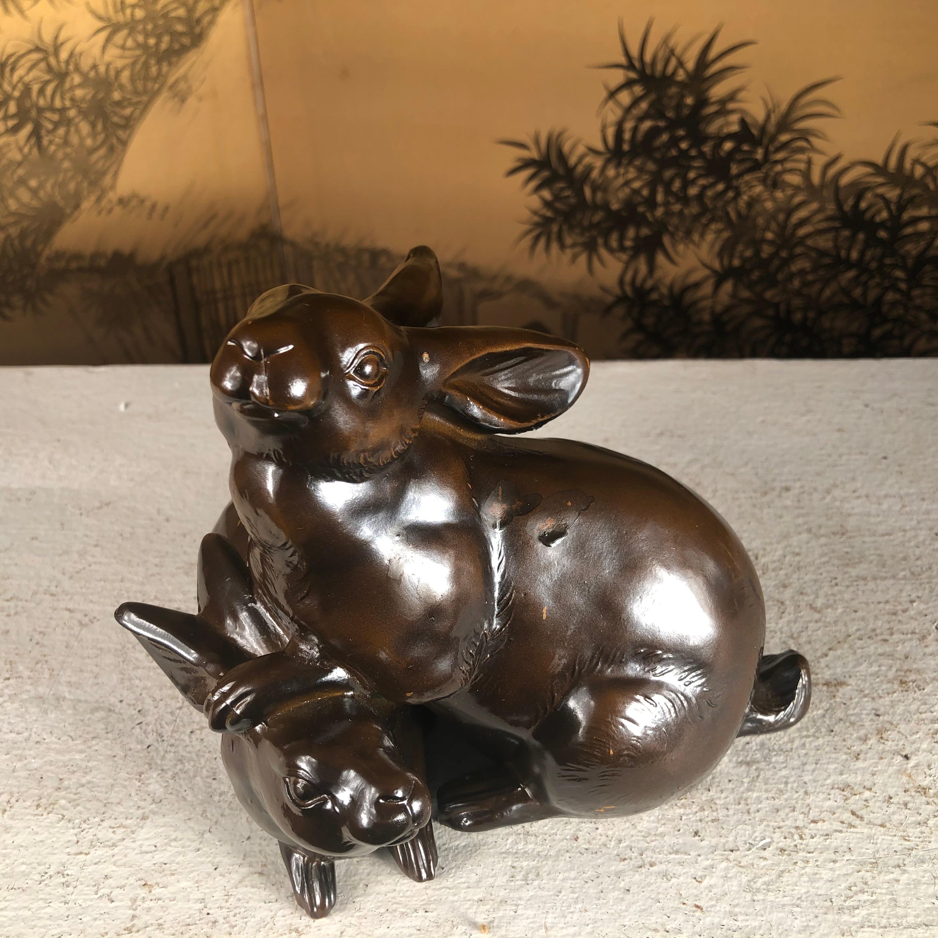 20th Century Japanese Antique Bronze Rabbit Mother and Baby Family Group Usagi