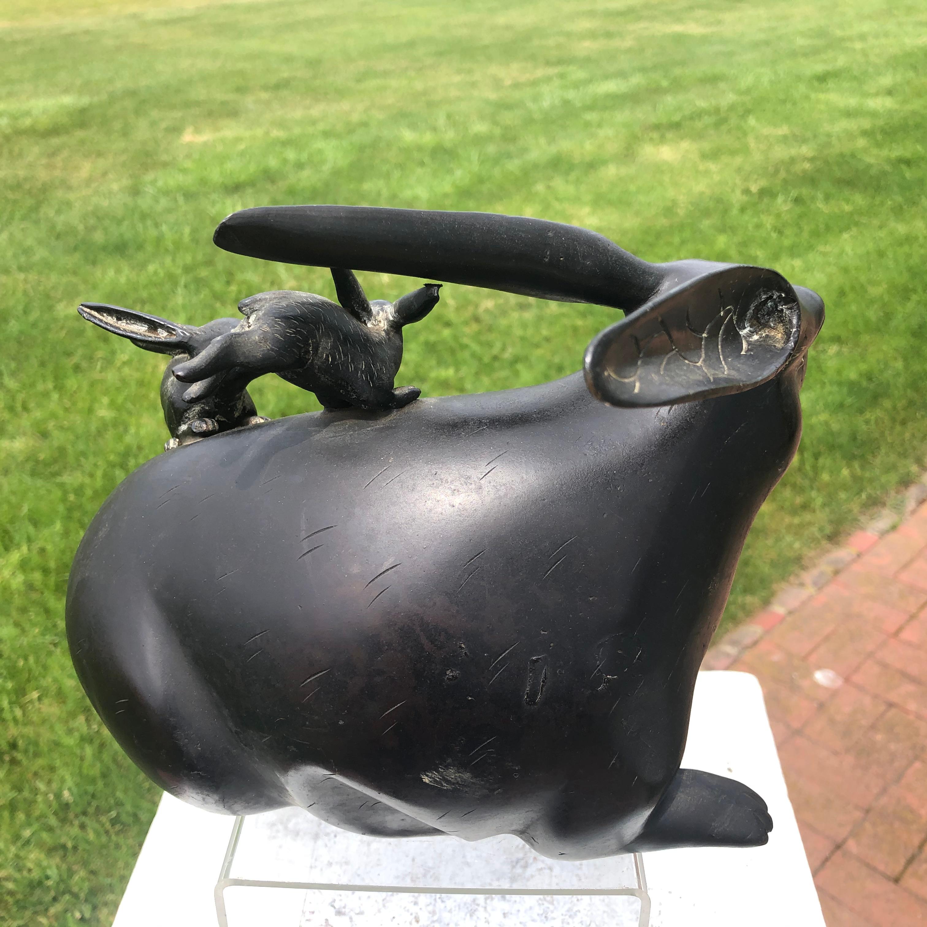 Japanese Fine Old Bronze Rabbit Family In Good Condition In South Burlington, VT