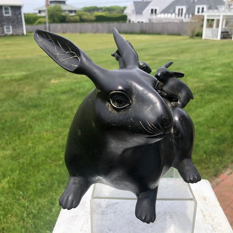 20th Century Japanese Fine Old Bronze Rabbit Family For Sale