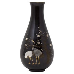 Japanese Antique Bronze Shakudo Crane Vase