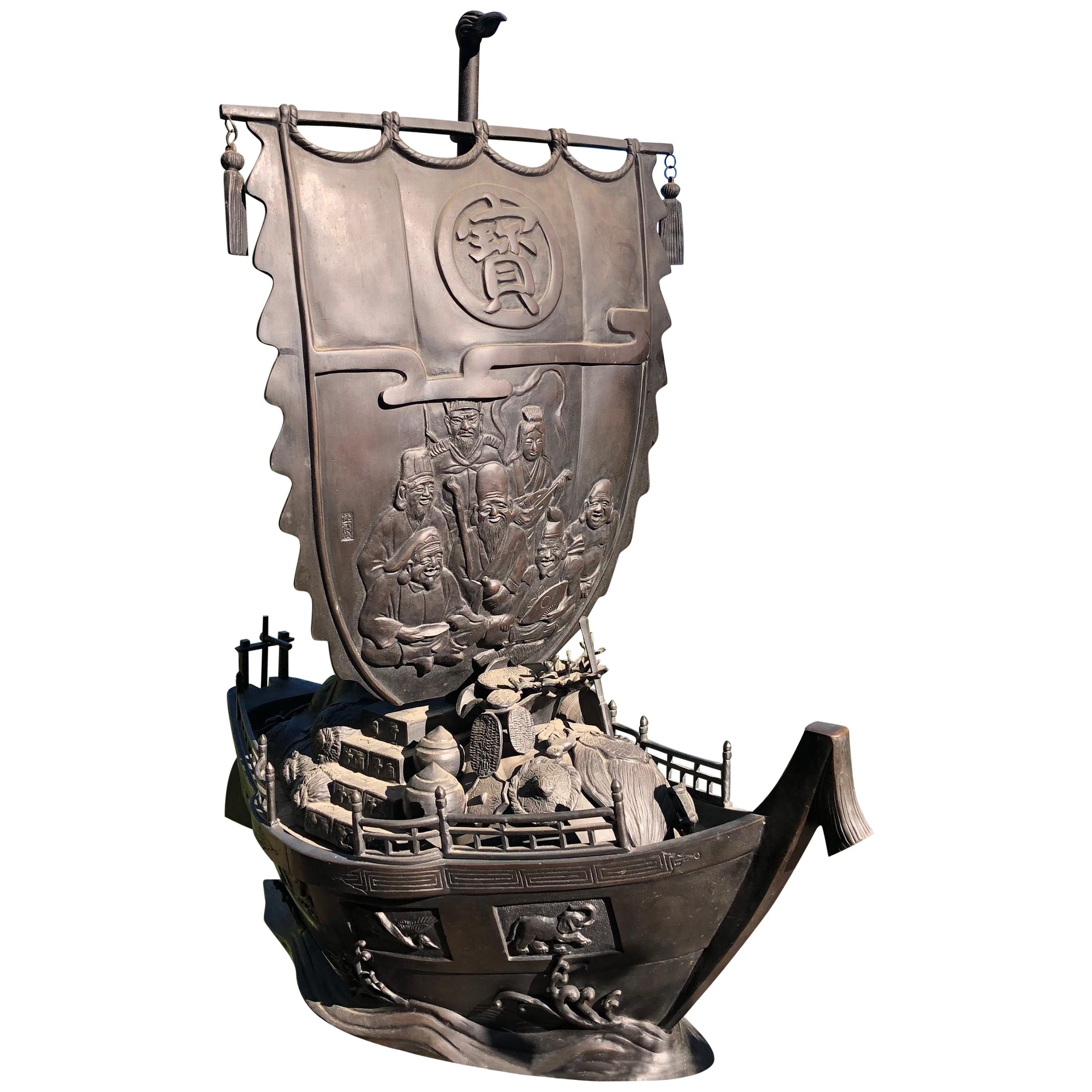 Japanese Antique Bronze Treasure Boat "Takarabune" Masterpiece Your Good Fortune