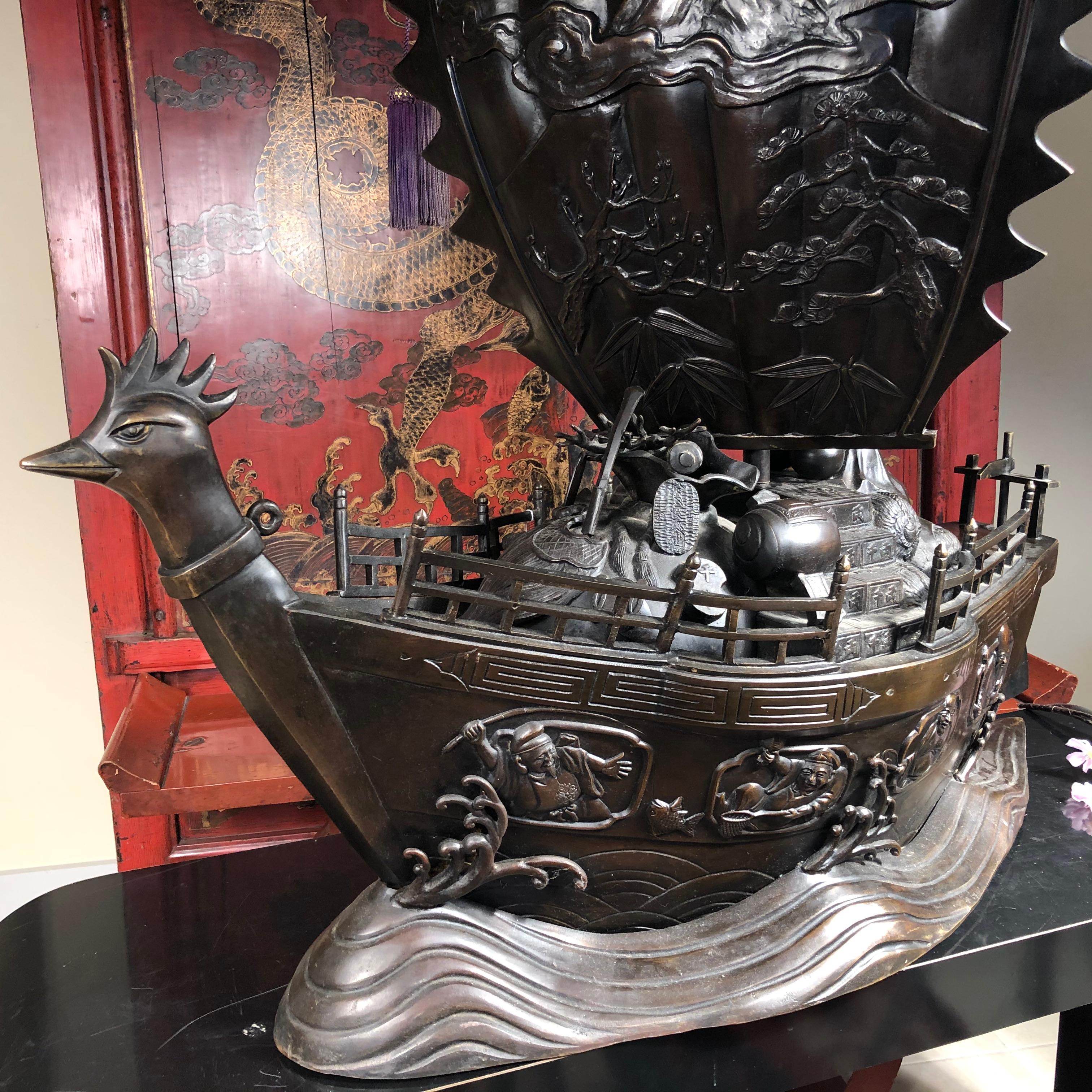 Moulage Grand chef-d'œuvre de bateau japonais en bronze ancien 