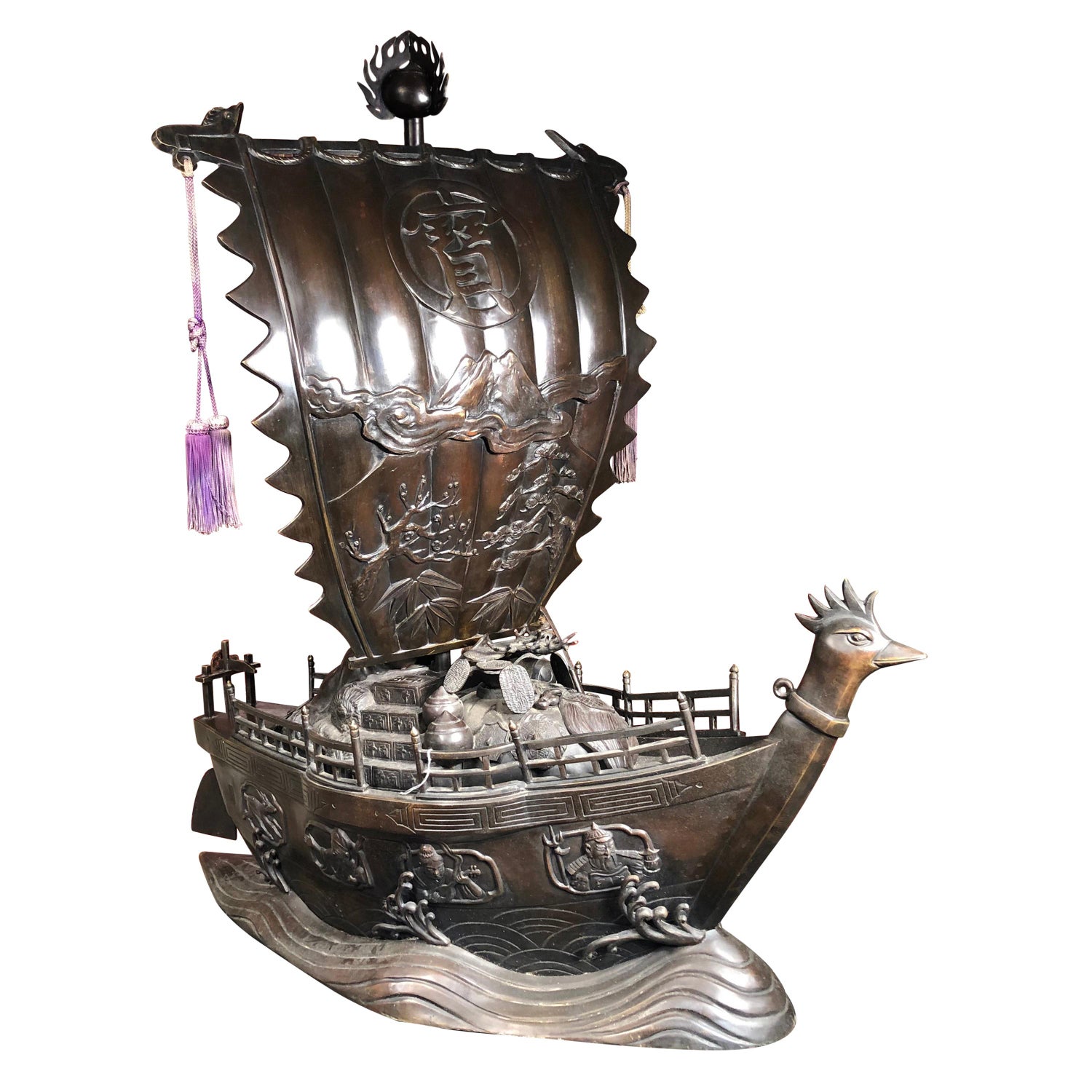 Japanese Huge Antique Cast Bronze Fish Bell Gong with Hardwood Striker, 25h  - Schneible Fine Arts LLC, Fishing Bells 