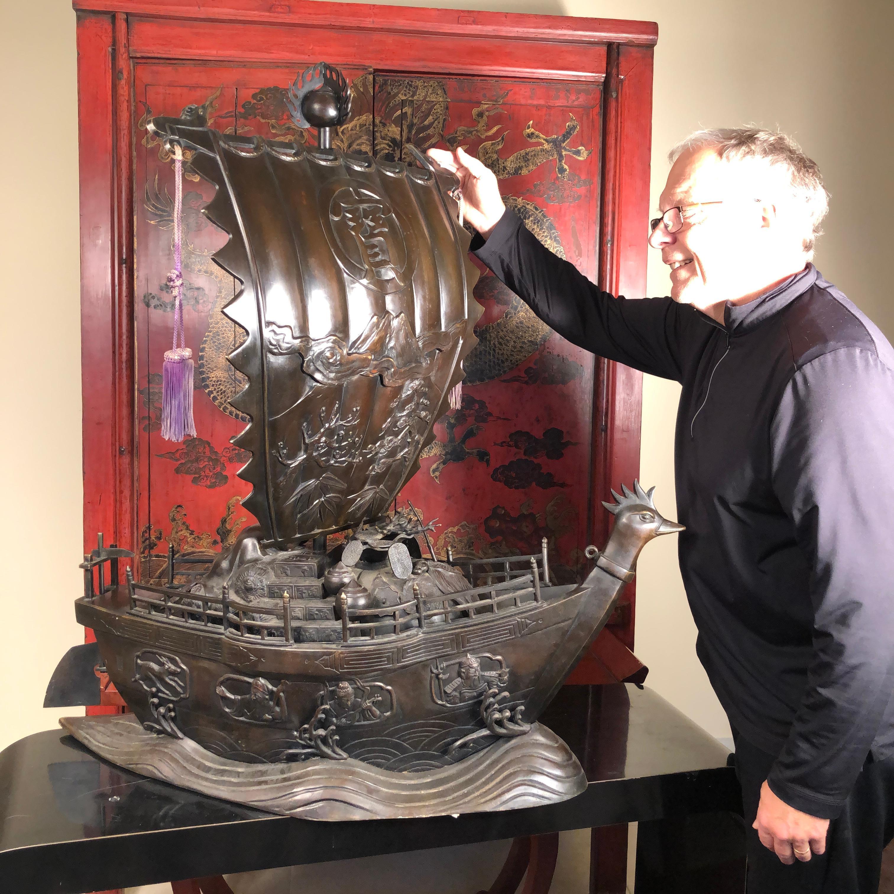Huge 43 inch high Japanese Bronze Treasure Masterwork

Suited for a museum, special indoor gallery space, or garden comes this Japanese superbly hand cast solid bronze fortune treasure boat 