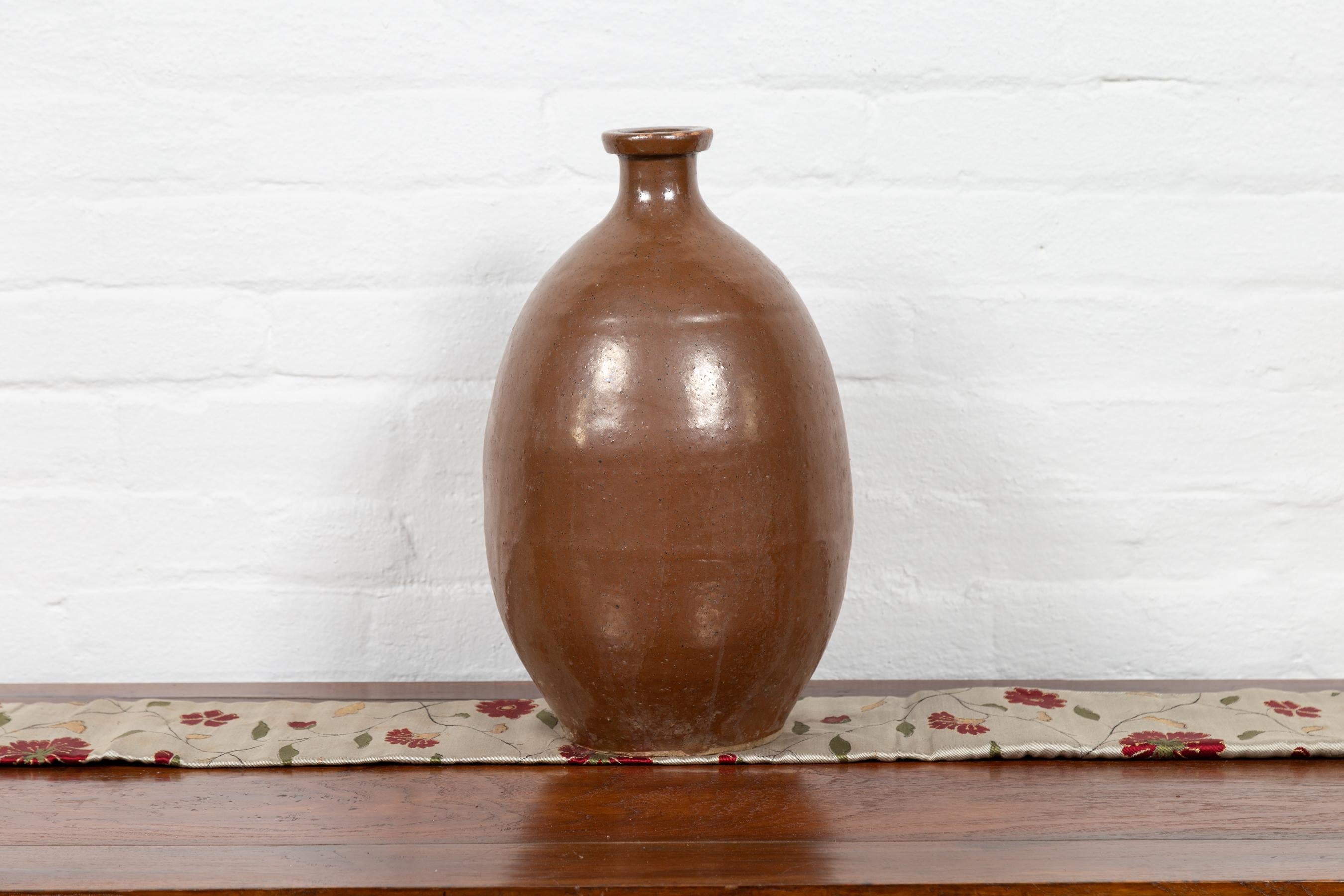 Ceramic Japanese Antique Brown Tamba Tachikui Ware Sake Jug from the Early 20th Century