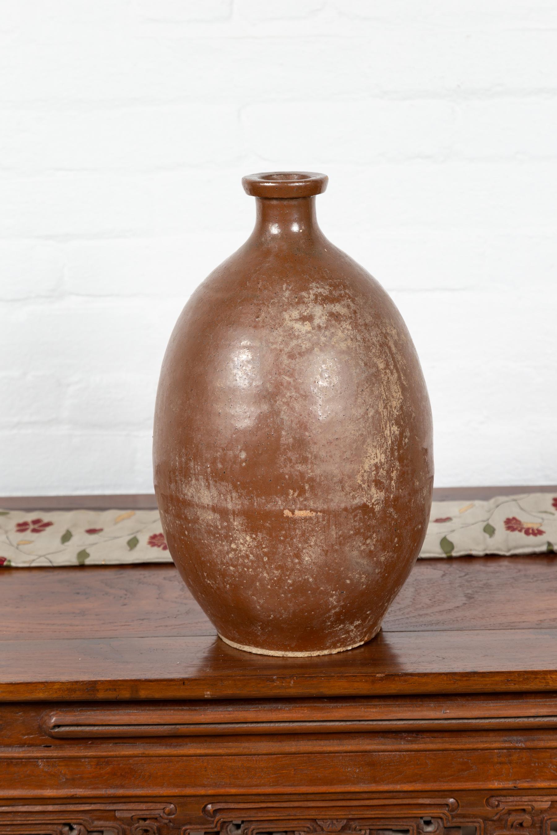 Japanese Antique Brown Tamba Tachikui Ware Sake Jug from the Early 20th Century 1