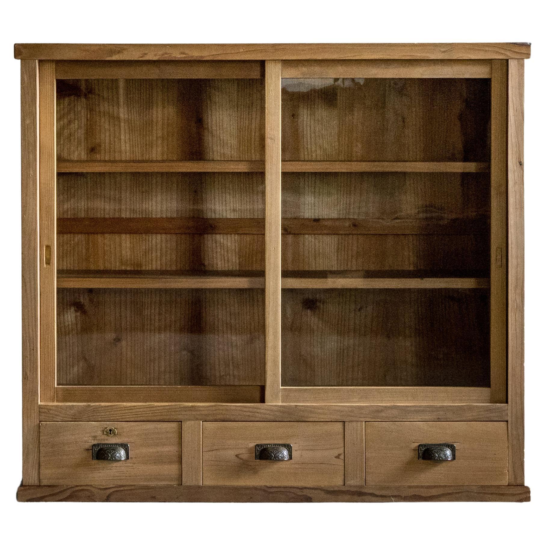 Japanese Antique Cabinet with Glass Doors, Taisho Era (1912–1926), Wabi Sabi